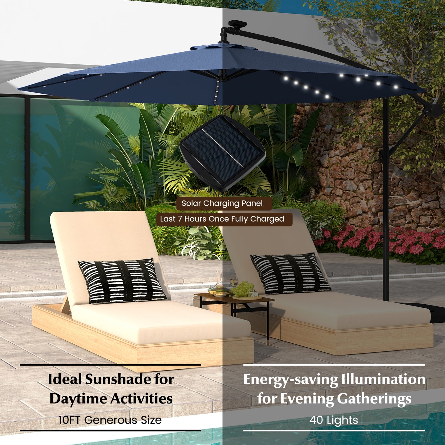 10 Ft Solar LED Offset Umbrella with 40 Lights and Cross Base for Patio-Blue Kids Crystal