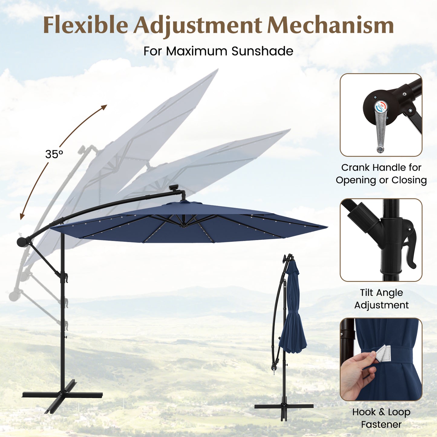 10 Ft Solar LED Offset Umbrella with 40 Lights and Cross Base for Patio-Blue Kids Crystal
