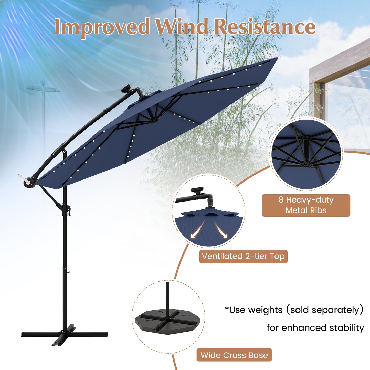 10 Ft Solar LED Offset Umbrella with 40 Lights and Cross Base for Patio-Blue Kids Crystal