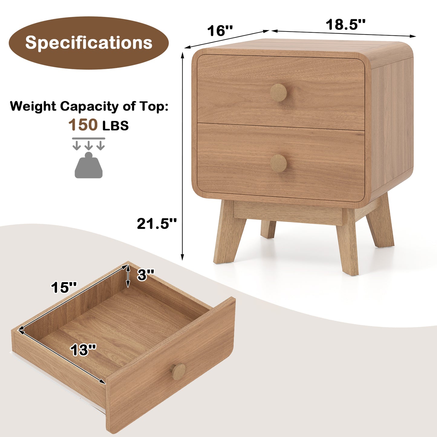 Nightstand with 2 Drawers Solid Rubber Wood Legs-Brown Kids Crystal