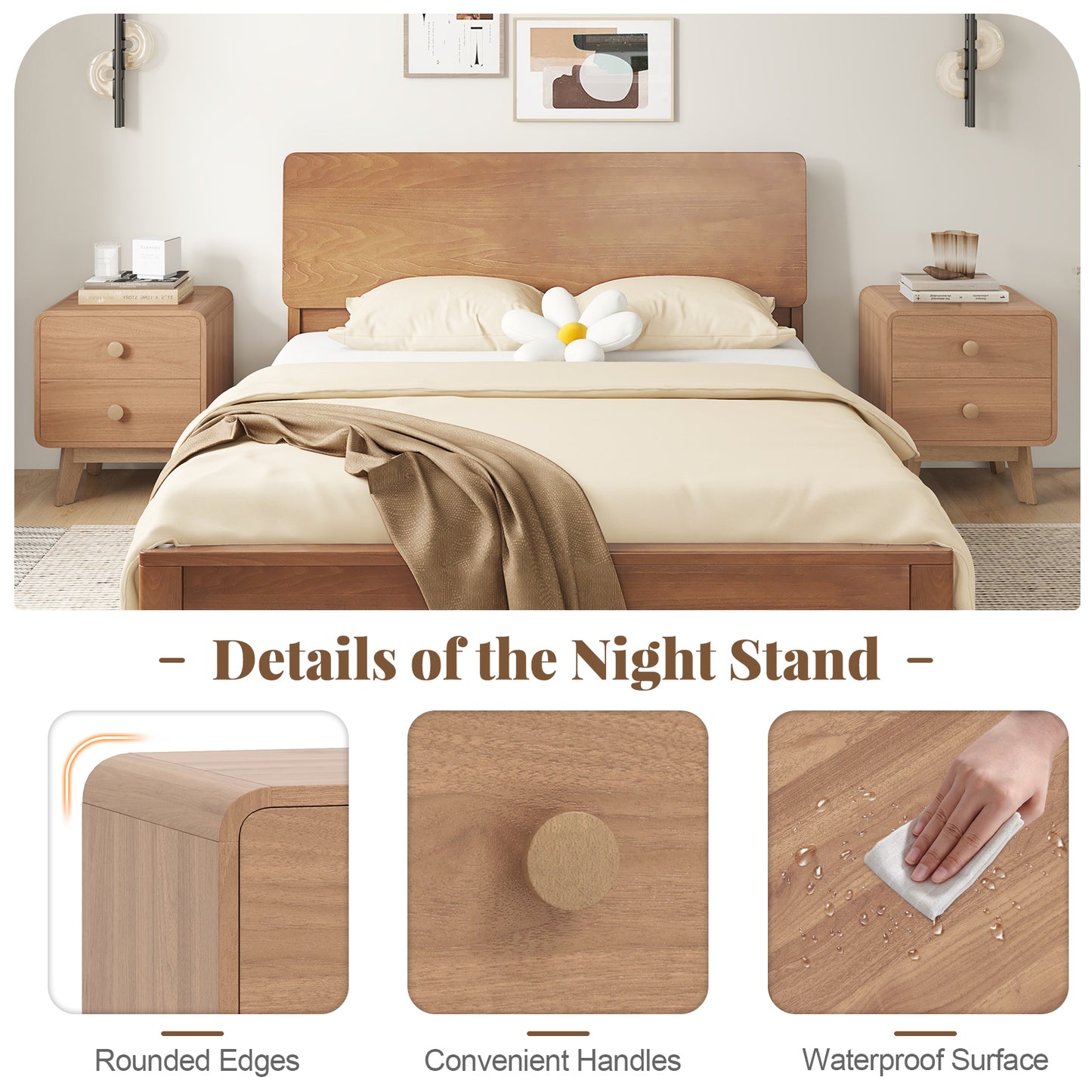 Nightstand with 2 Drawers Solid Rubber Wood Legs-Brown Kids Crystal