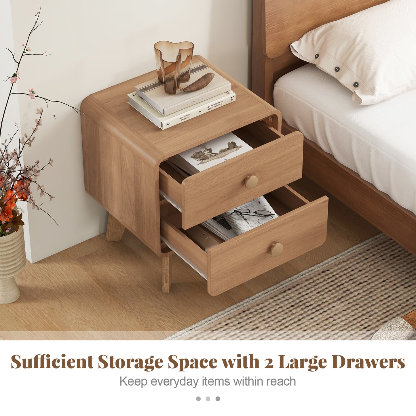 Nightstand with 2 Drawers Solid Rubber Wood Legs-Brown Kids Crystal