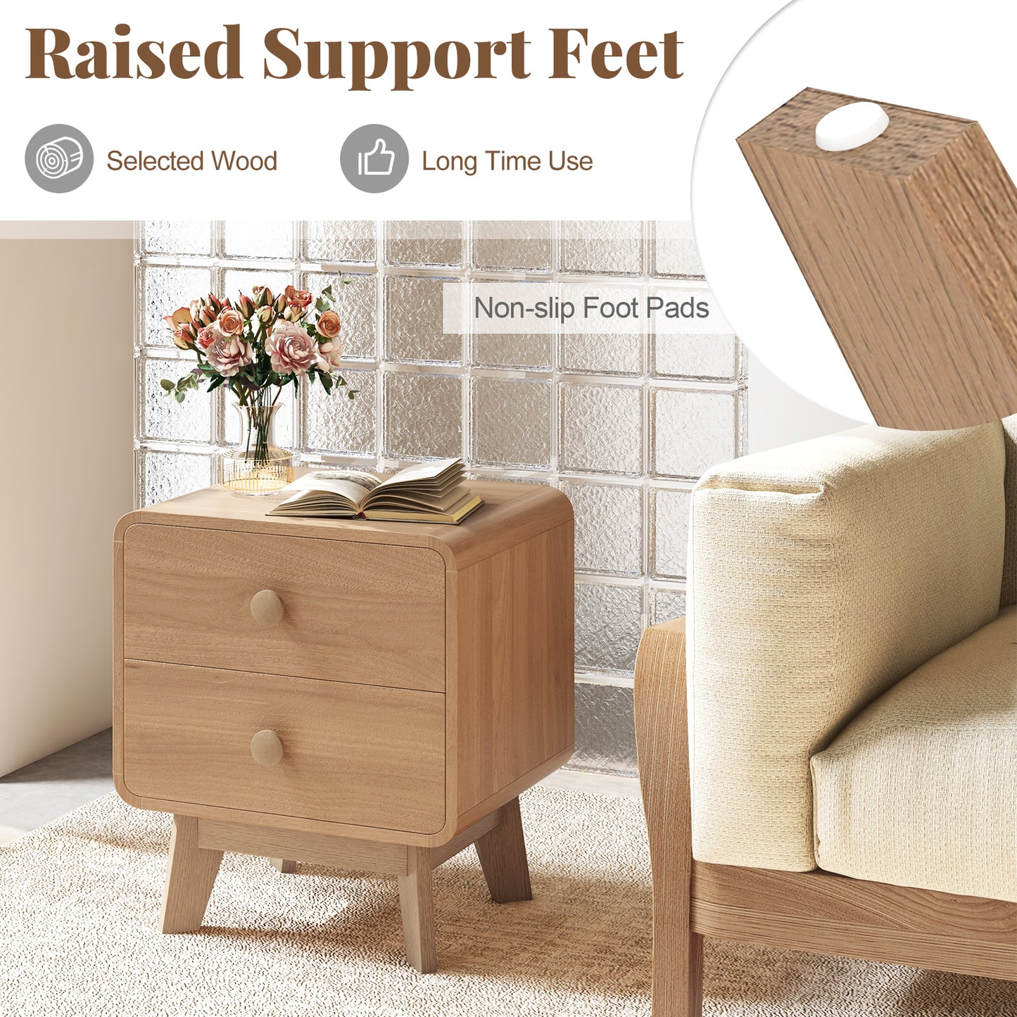 Nightstand with 2 Drawers Solid Rubber Wood Legs-Brown Kids Crystal