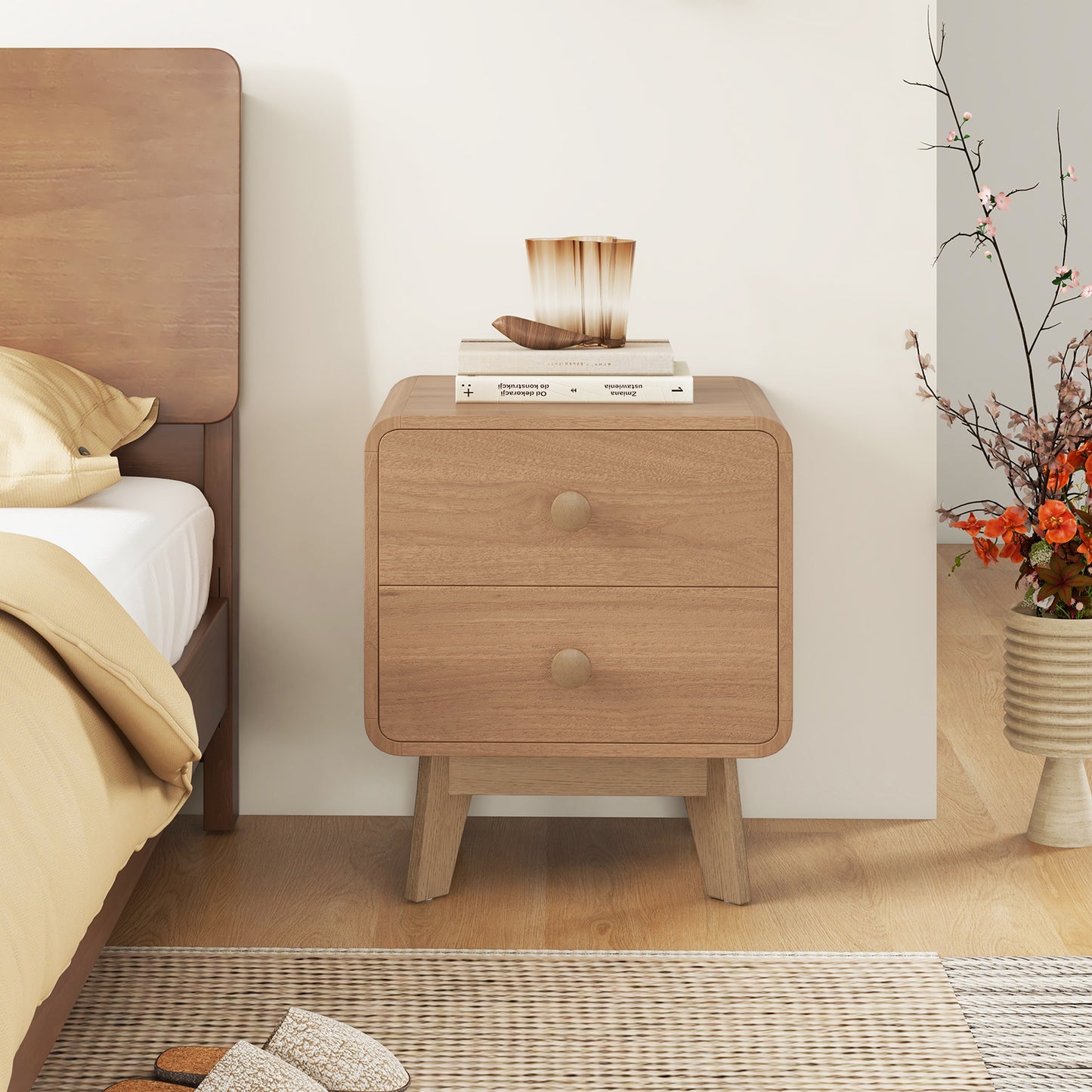 Nightstand with 2 Drawers Solid Rubber Wood Legs-Brown Kids Crystal