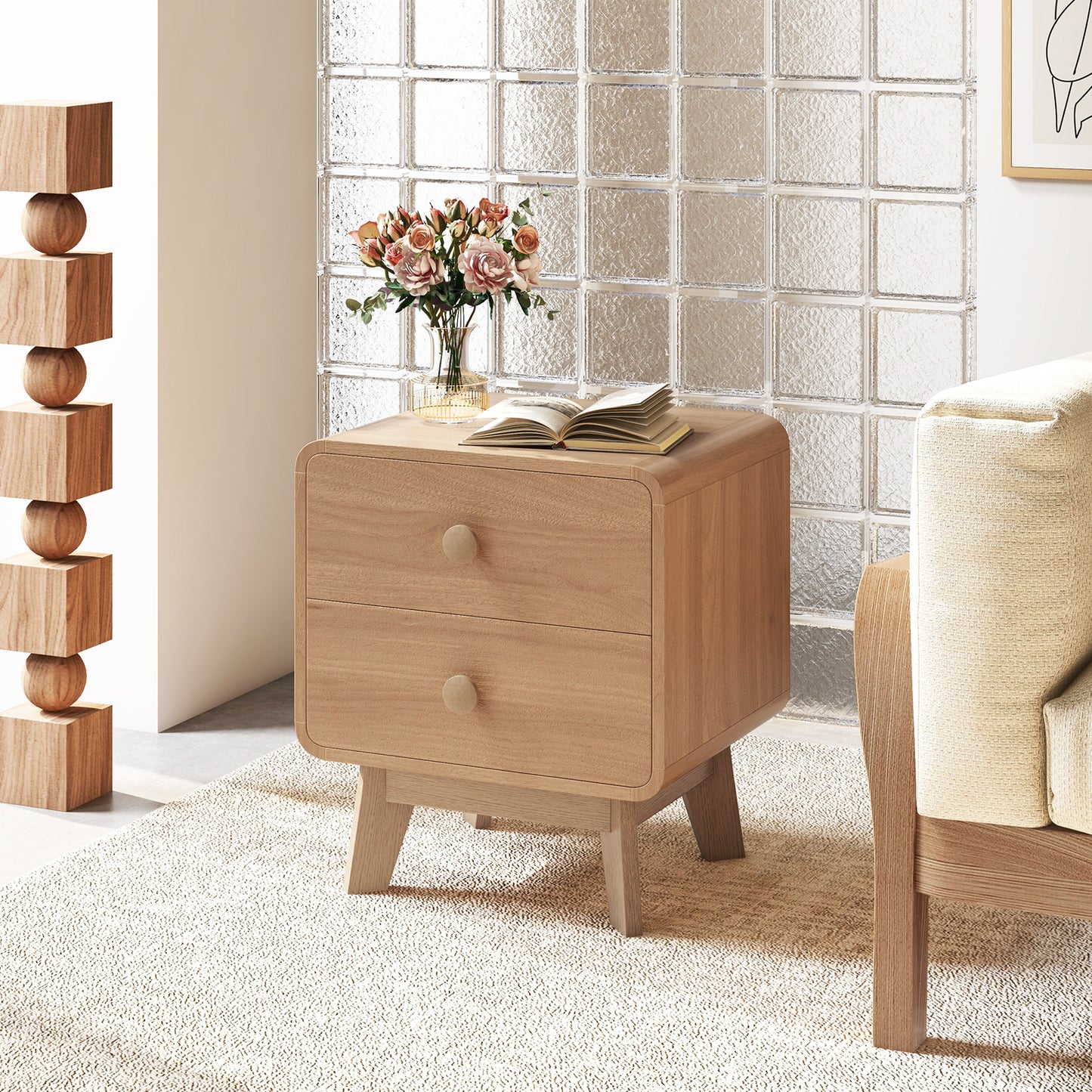 Nightstand with 2 Drawers Solid Rubber Wood Legs-Brown Kids Crystal