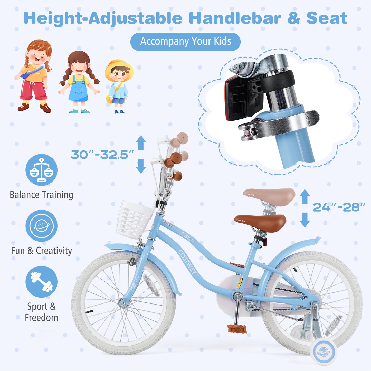 18 Inch Kids Bike with Adjustable Handlebar and Seat for 4-8 Year Old Kids Crystal