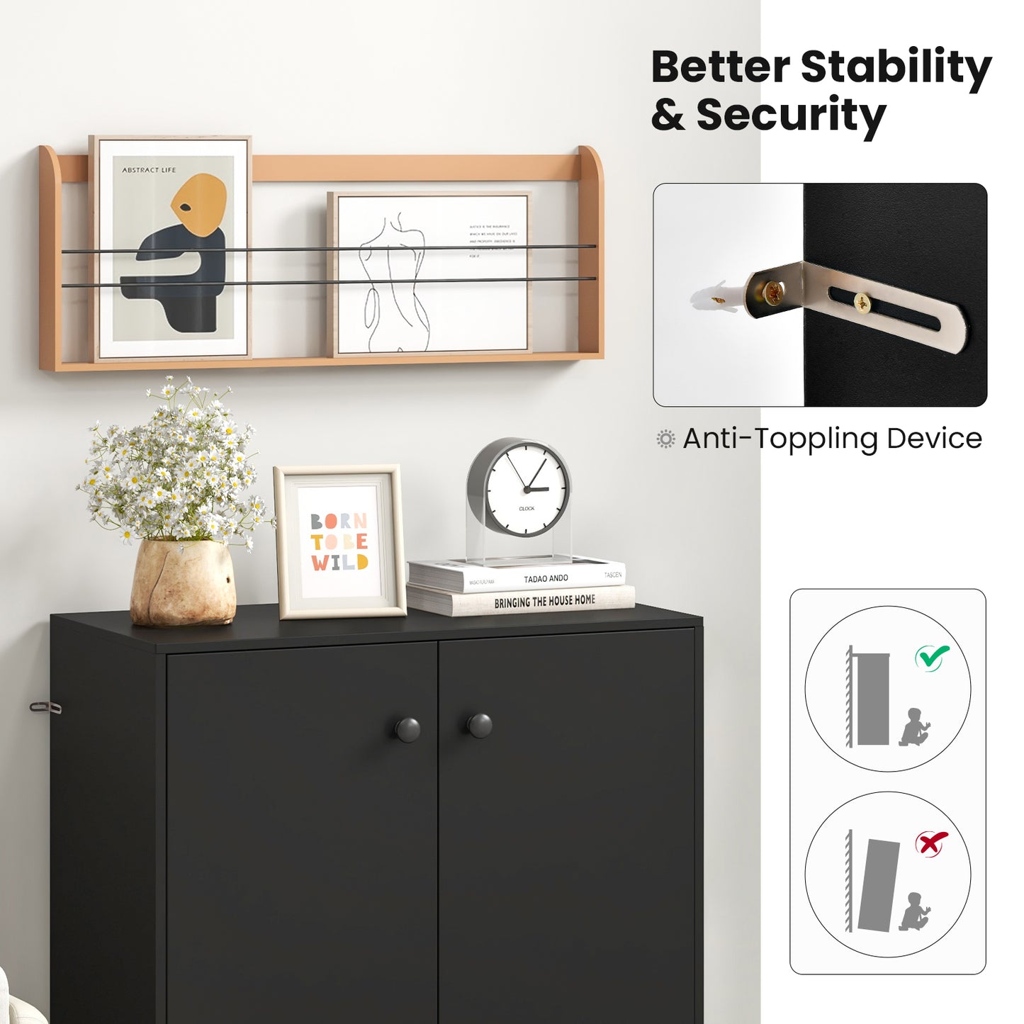 2-Door Modern Floor Storage Cabinet with 3-Tier Shelf-Black Kids Crystal