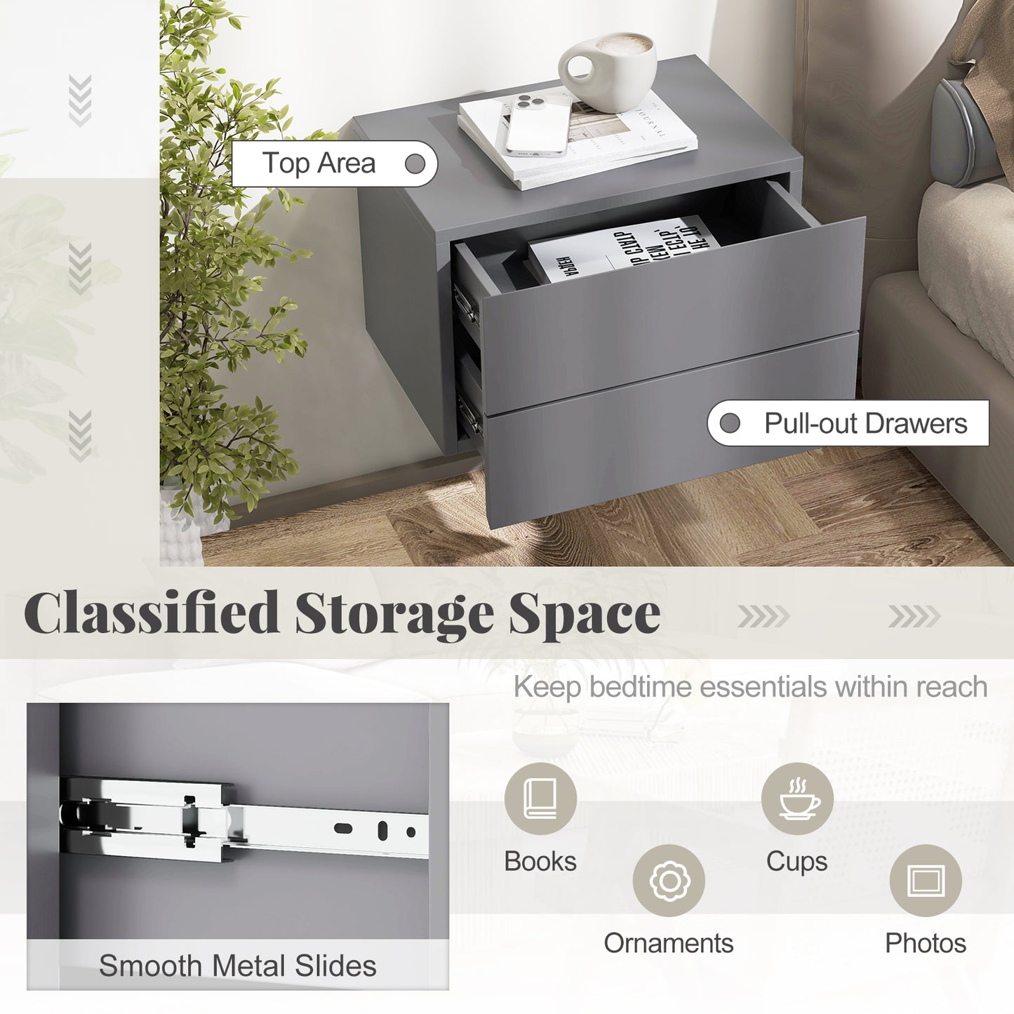 Floating Nightstand with Drawers and Storage Shelf-Gray Kids Crystal