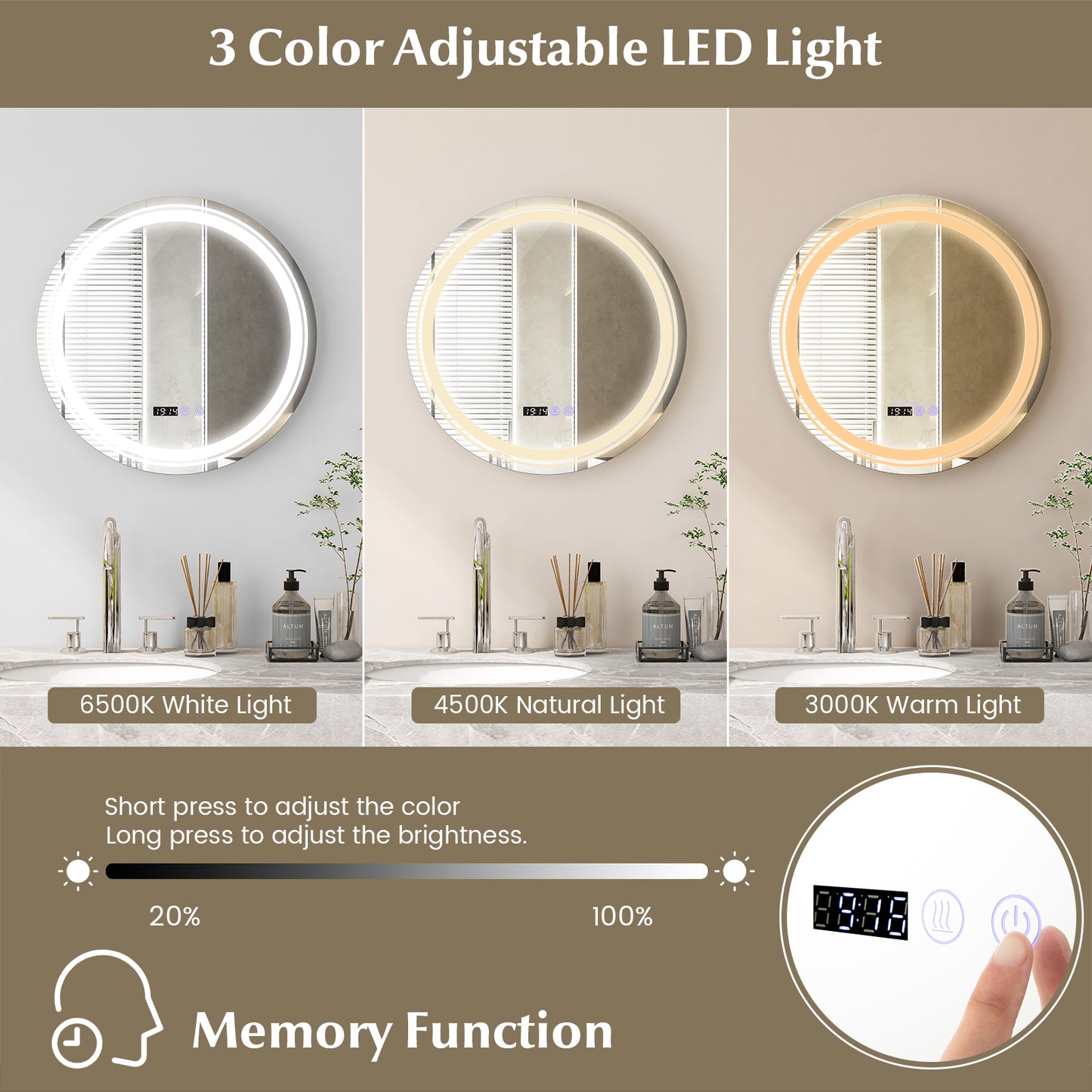 Anti-Fog Round Led Bathroom Mirror with 3 Color LED Lights-S Kids Crystal