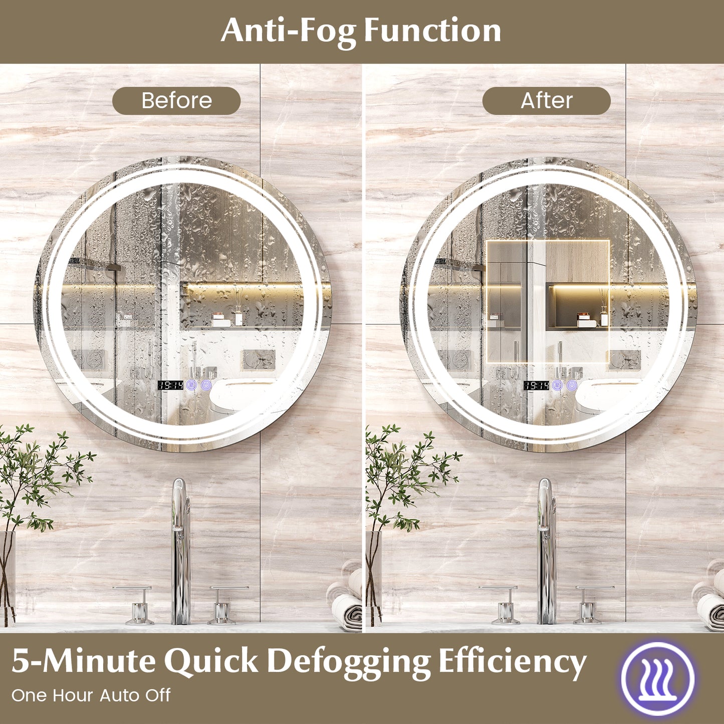 Anti-Fog Round Led Bathroom Mirror with 3 Color LED Lights-S Kids Crystal