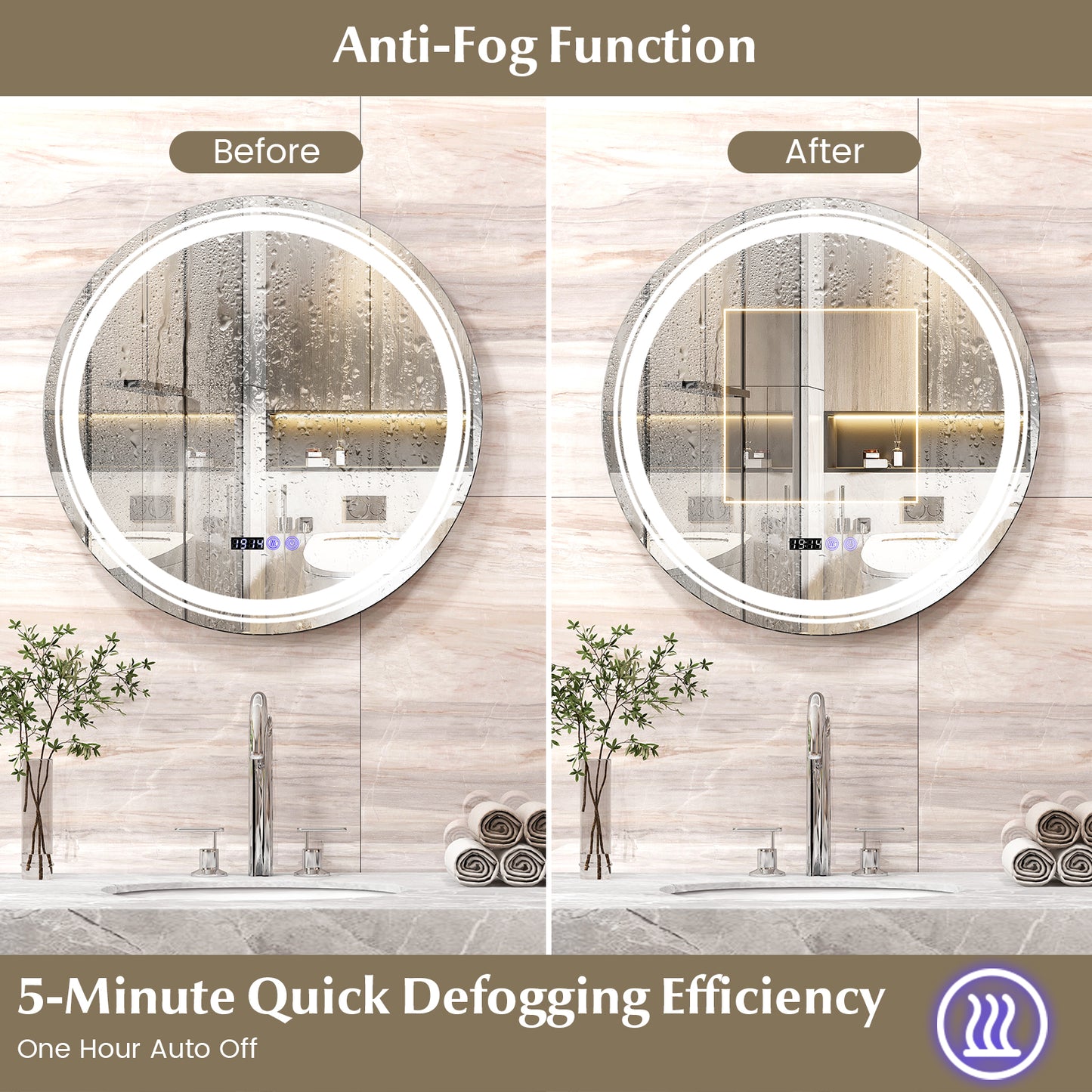 Anti-Fog Round Led Bathroom Mirror with 3 Color LED Lights-M Kids Crystal