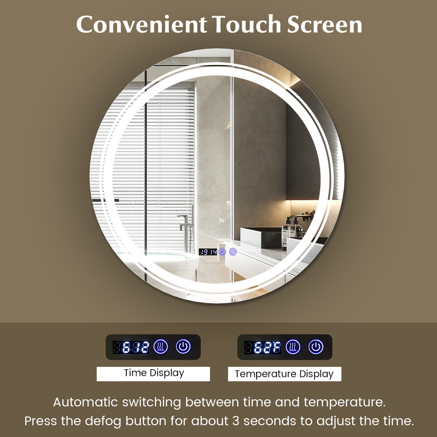 Anti-Fog Round Led Bathroom Mirror with 3 Color LED Lights-M Kids Crystal