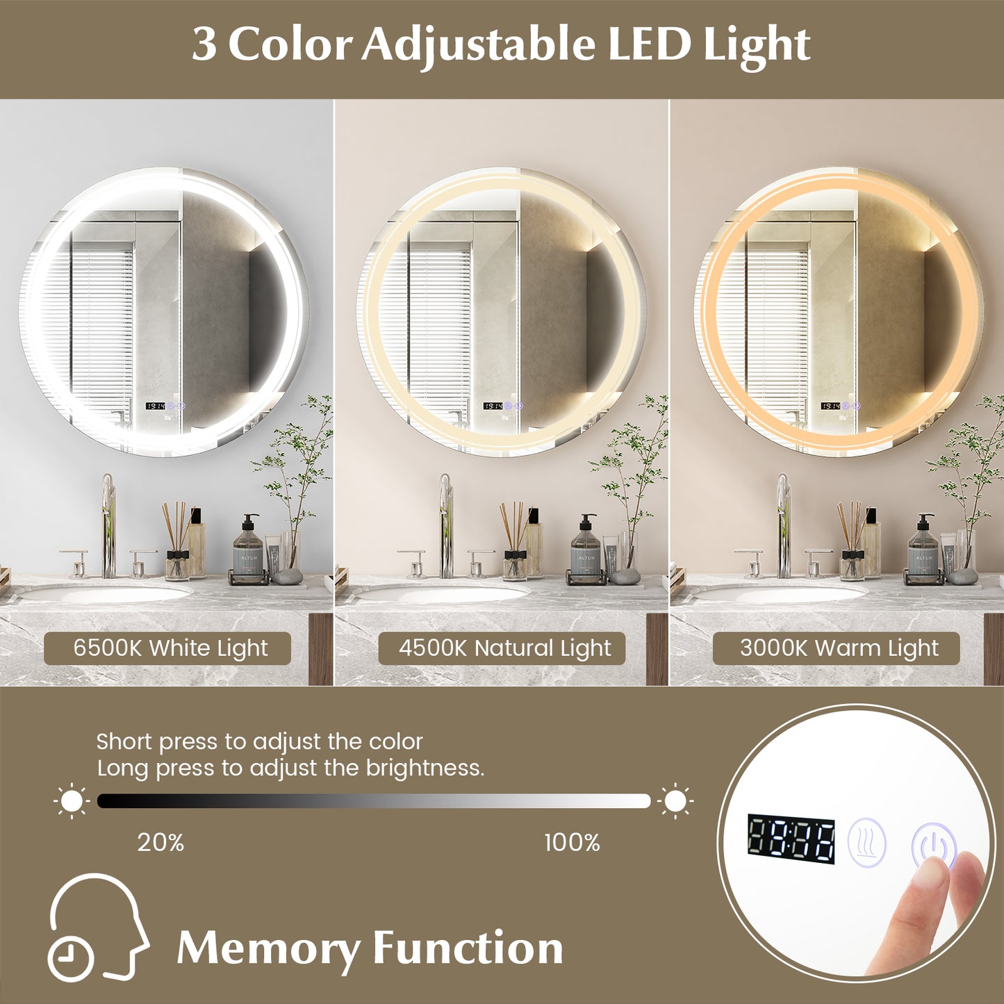 Anti-Fog Round Led Bathroom Mirror with 3 Color LED Lights-L Kids Crystal