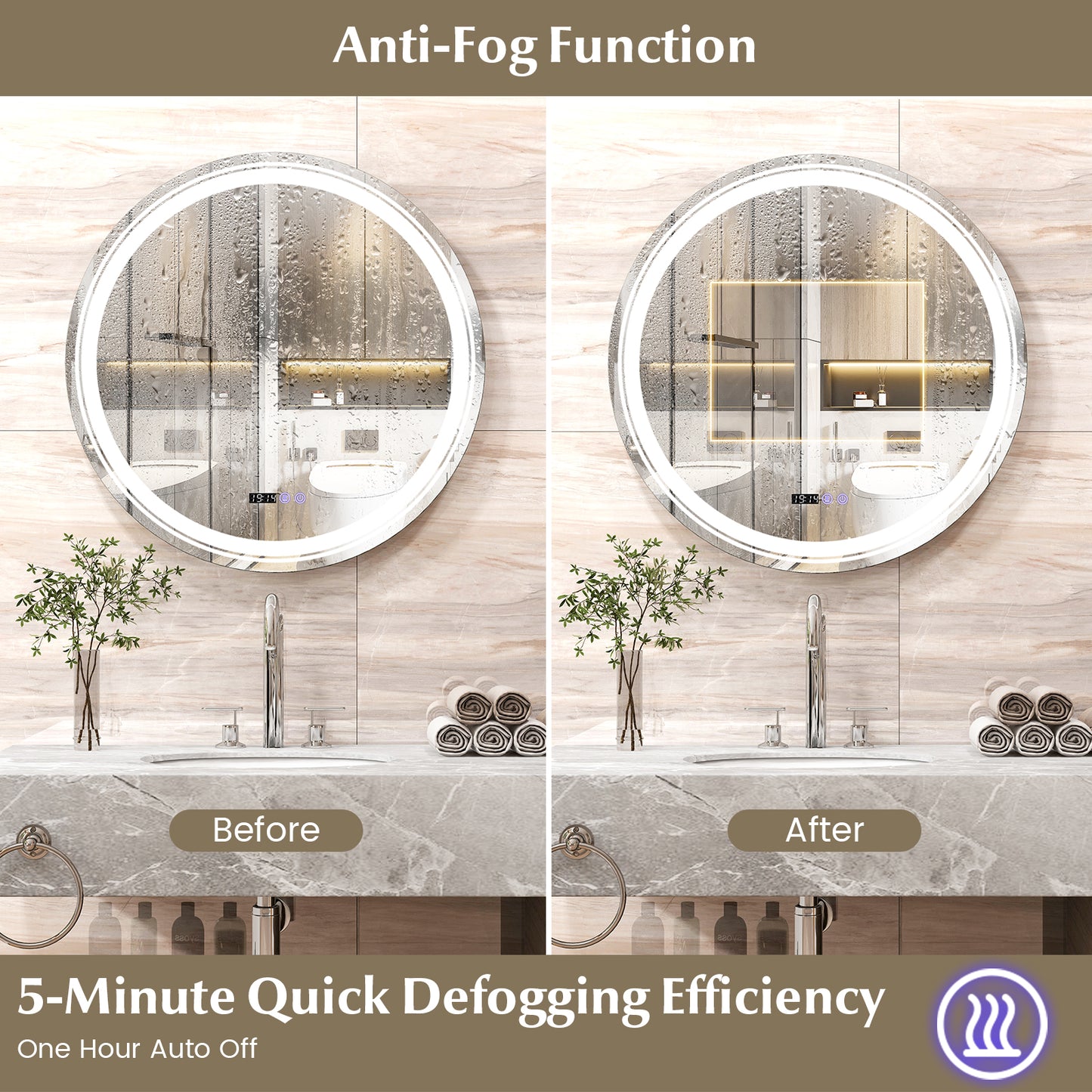 Anti-Fog Round Led Bathroom Mirror with 3 Color LED Lights-L Kids Crystal