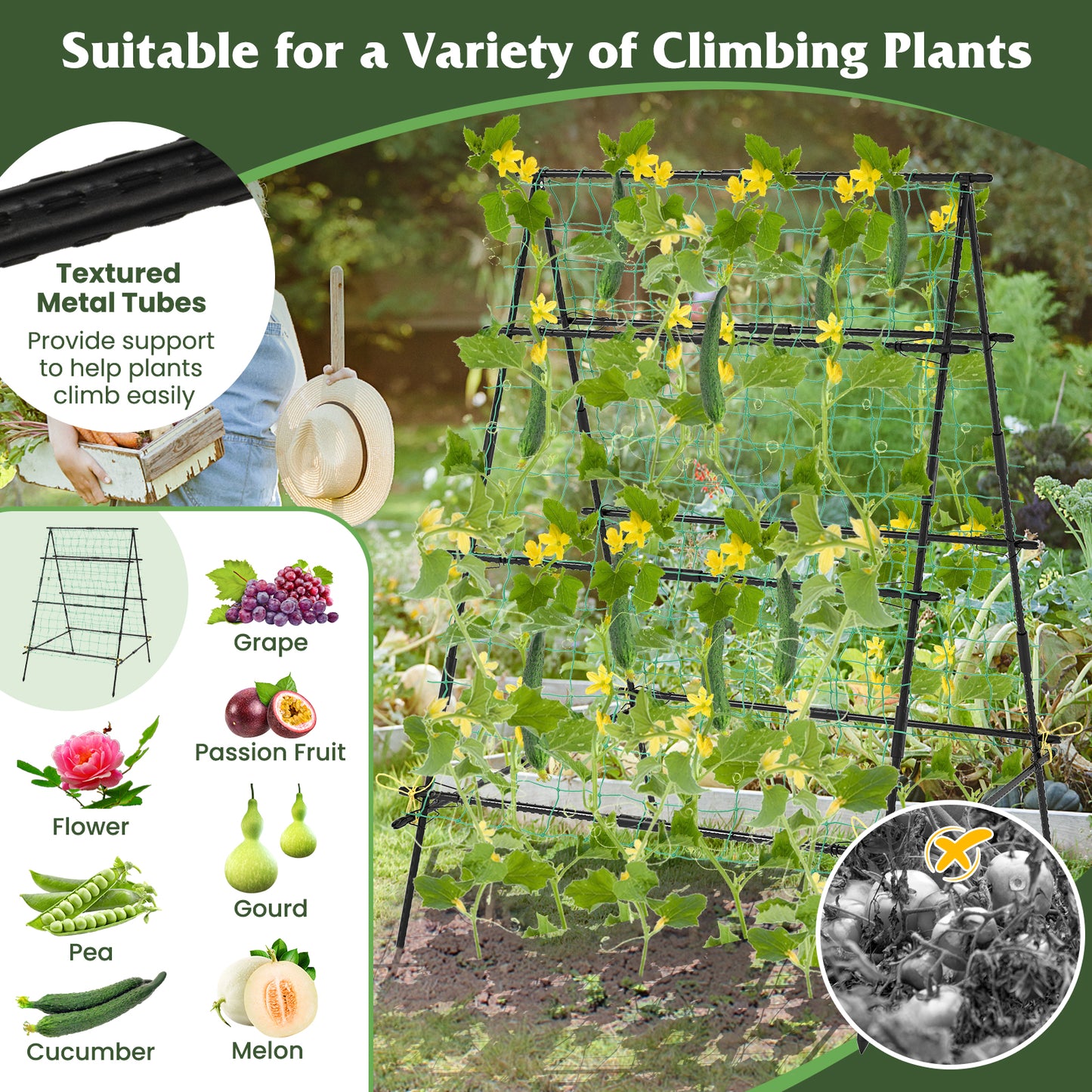 A-Frame Garden Cucumber Trellis with Netting for Climbing Plants Outdoor-Black Kids Crystal