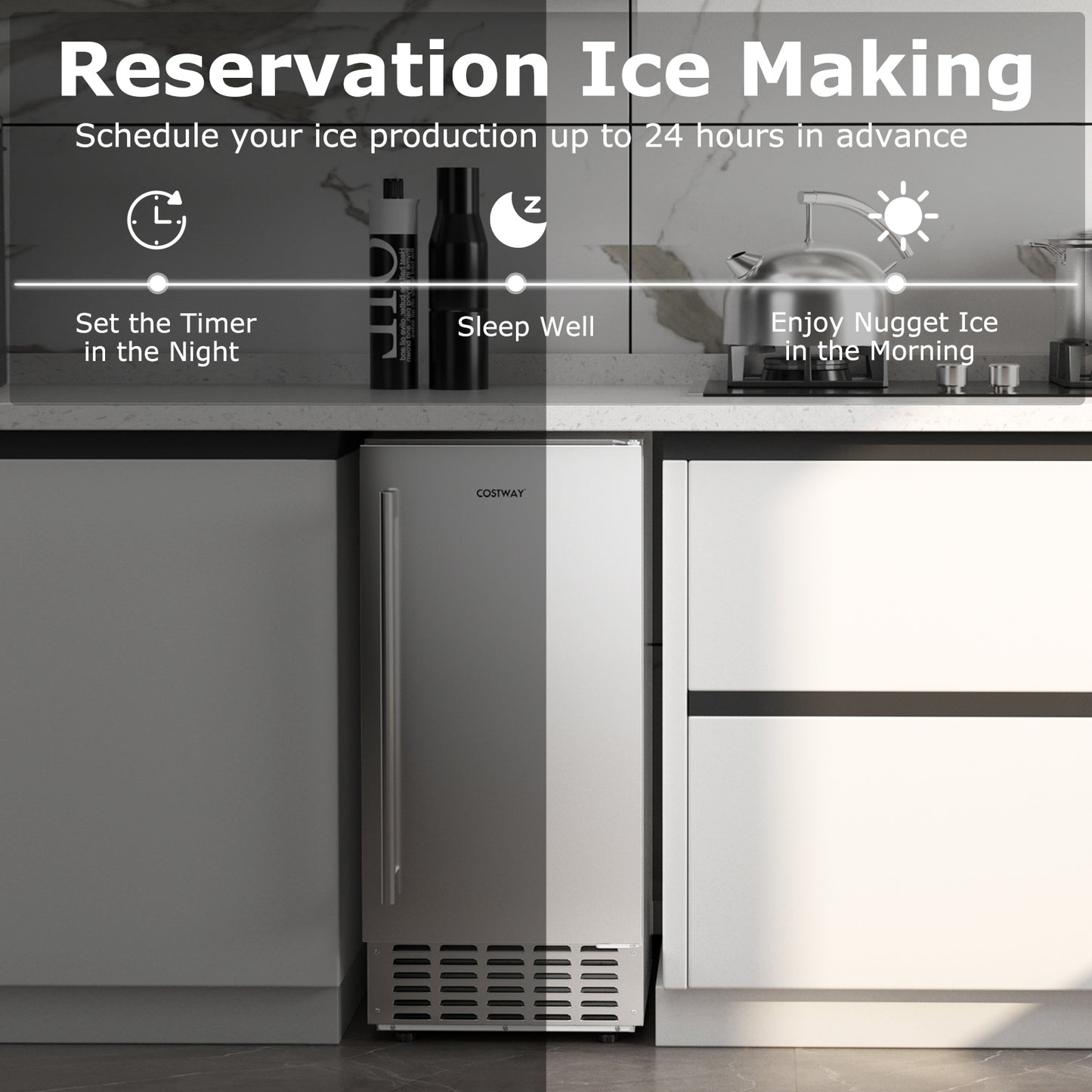Under Counter Nugget Ice Maker with Self-Cleaning and 24H Timer-Silver Kids Crystal