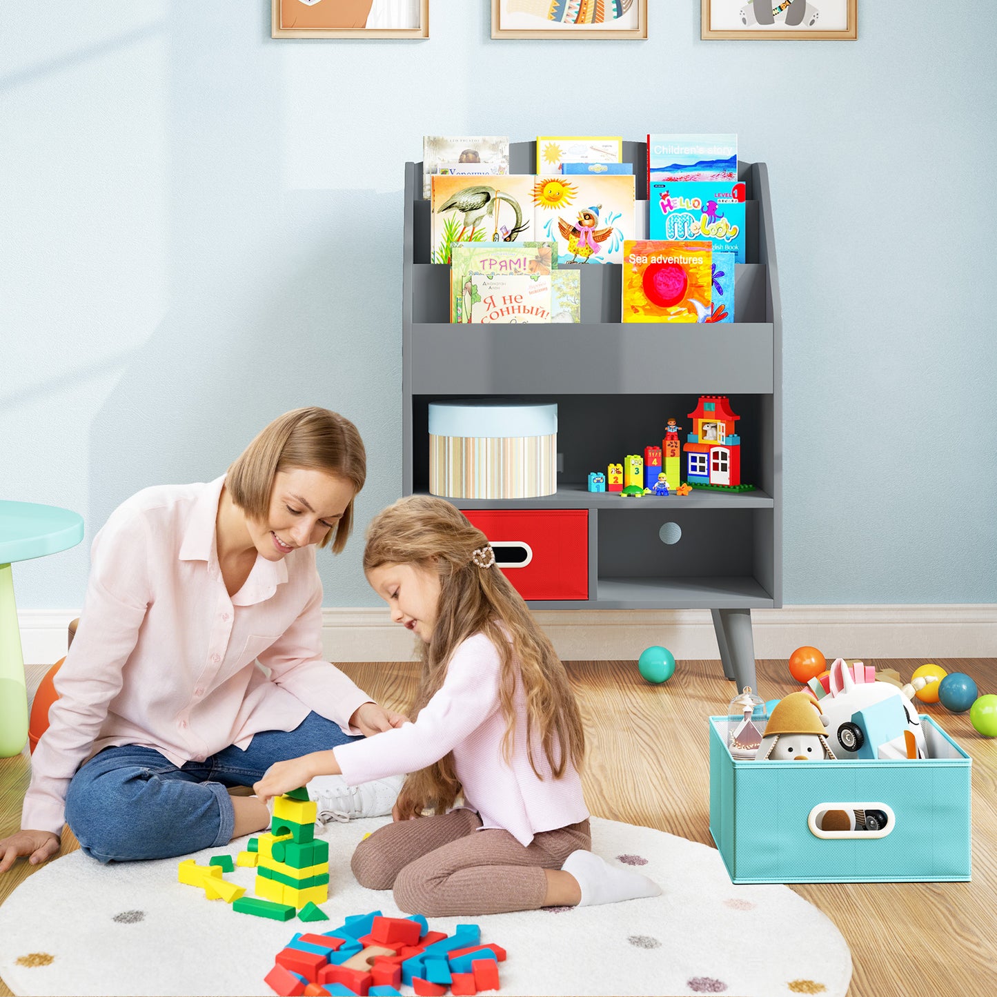 Kids Bookshelf with Open Compartment for Toddlers 3+ Years Old-Gray Kids Crystal