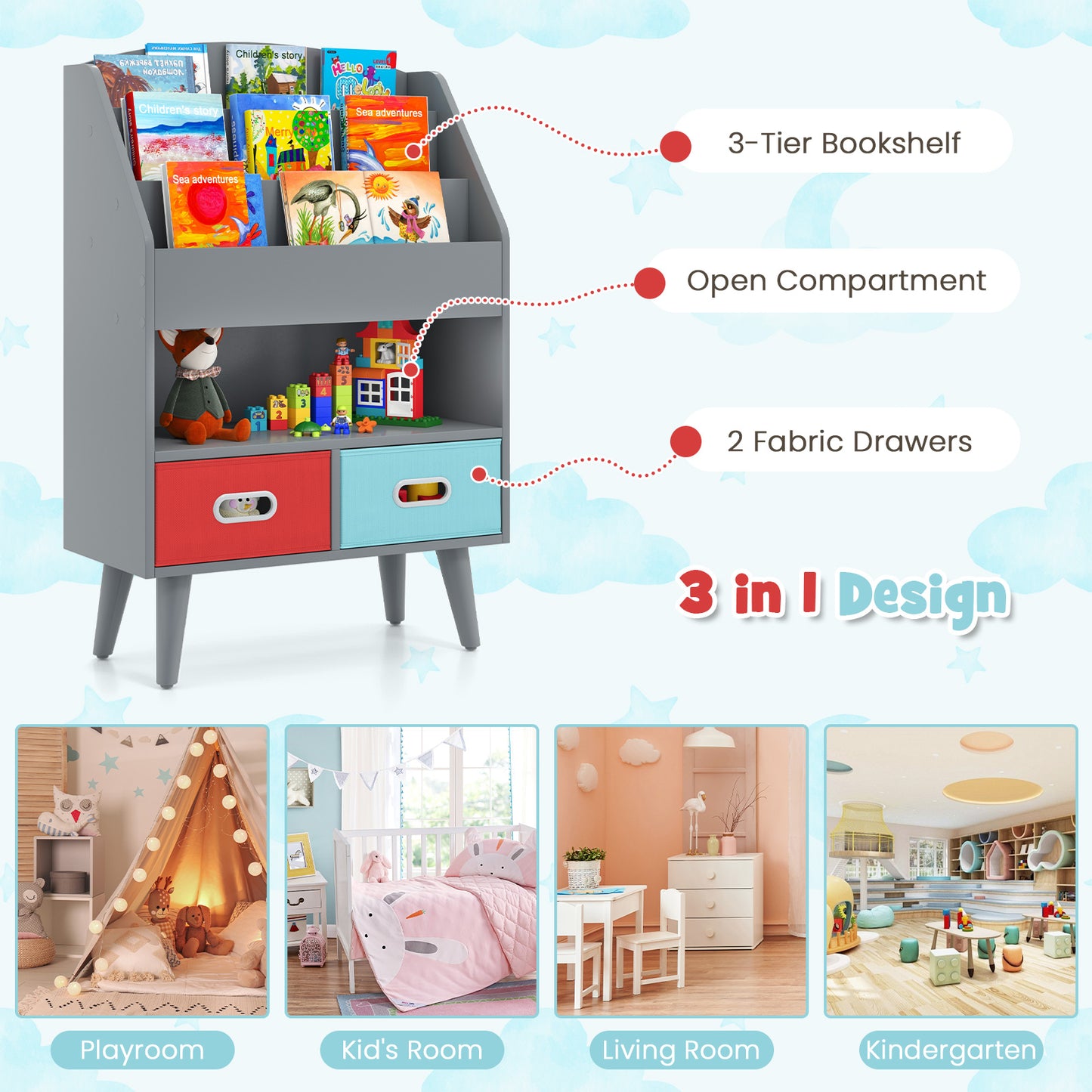Kids Bookshelf with Open Compartment for Toddlers 3+ Years Old-Gray Kids Crystal