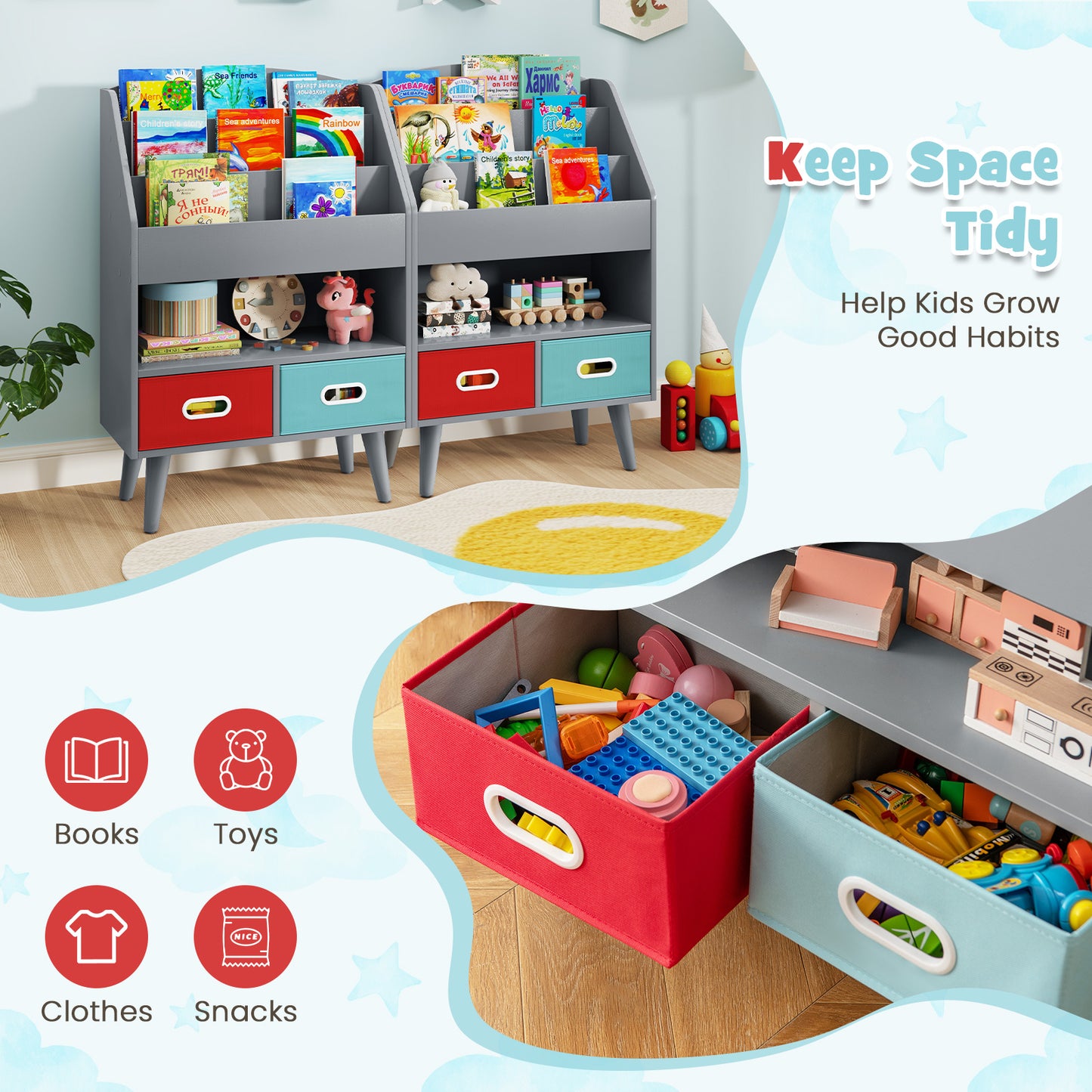Kids Bookshelf with Open Compartment for Toddlers 3+ Years Old-Gray Kids Crystal