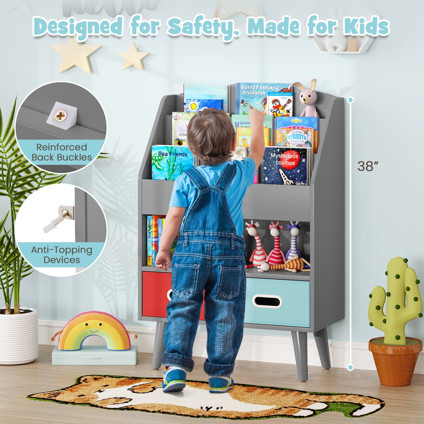 Kids Bookshelf with Open Compartment for Toddlers 3+ Years Old-Gray Kids Crystal