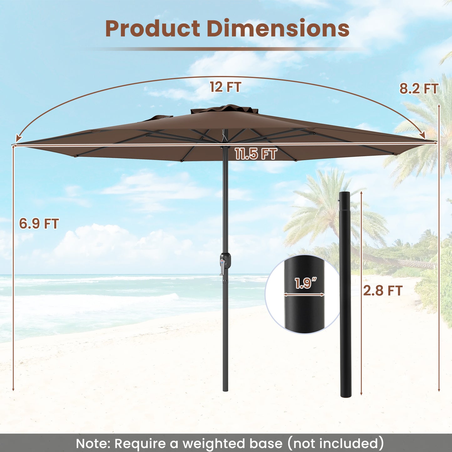 12 Feet Patio Umbrella with Crank Handle and 8 Sturdy Ribs-Coffee Kids Crystal