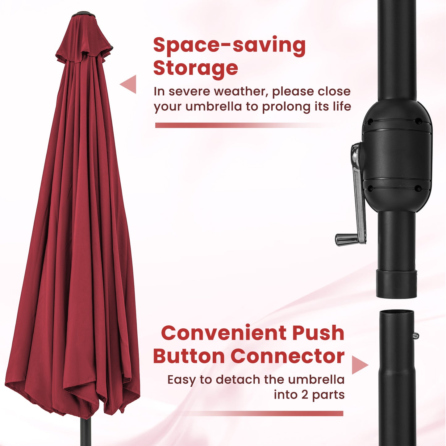 12 Feet Patio Umbrella with Crank Handle and 8 Sturdy Ribs-Red Kids Crystal