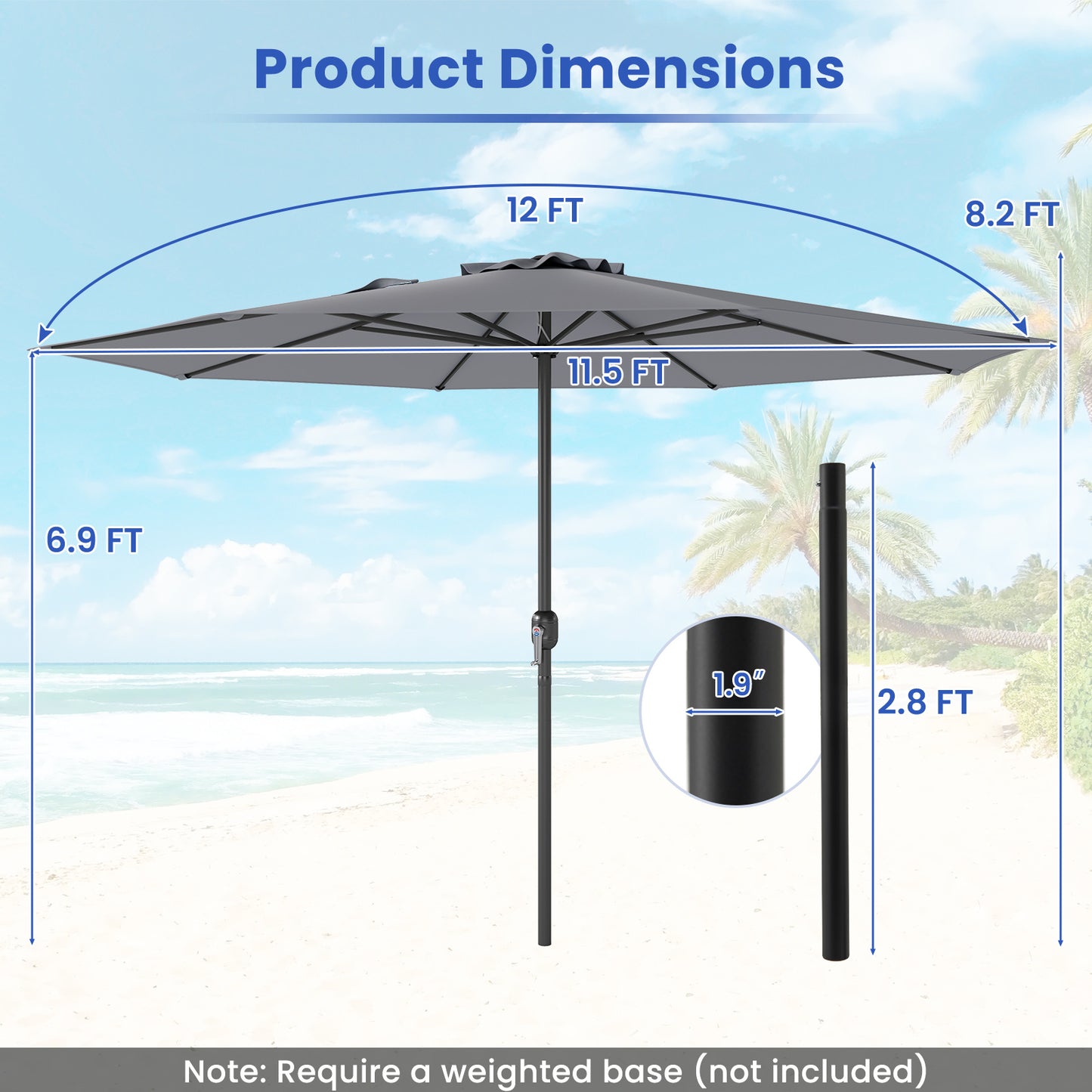 12 Feet Patio Umbrella with Crank Handle and 8 Sturdy Ribs-Gray Kids Crystal