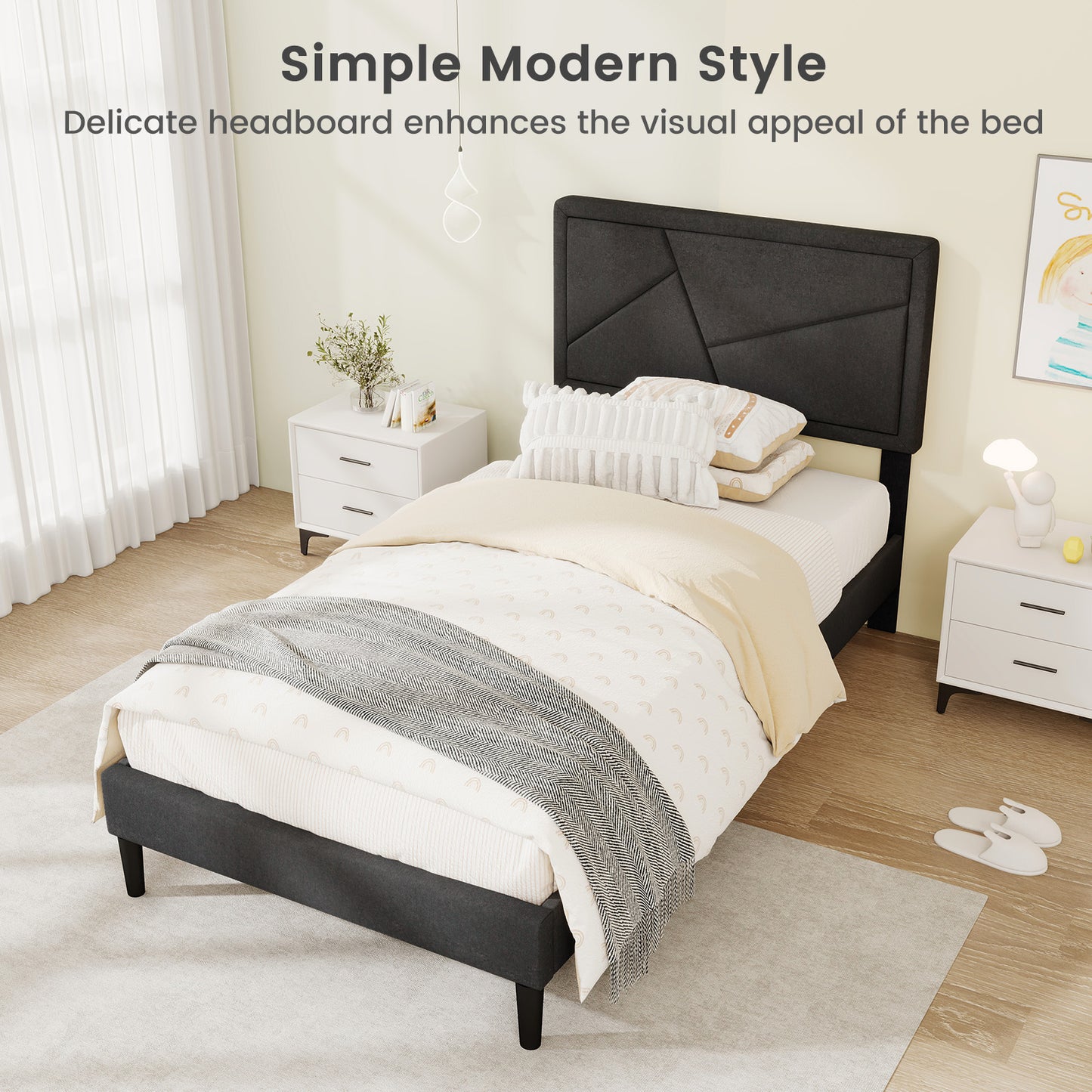 Twin/Full/Queen Size Upholstered Platform Bed Frame with High Headboard-Twin Kids Crystal