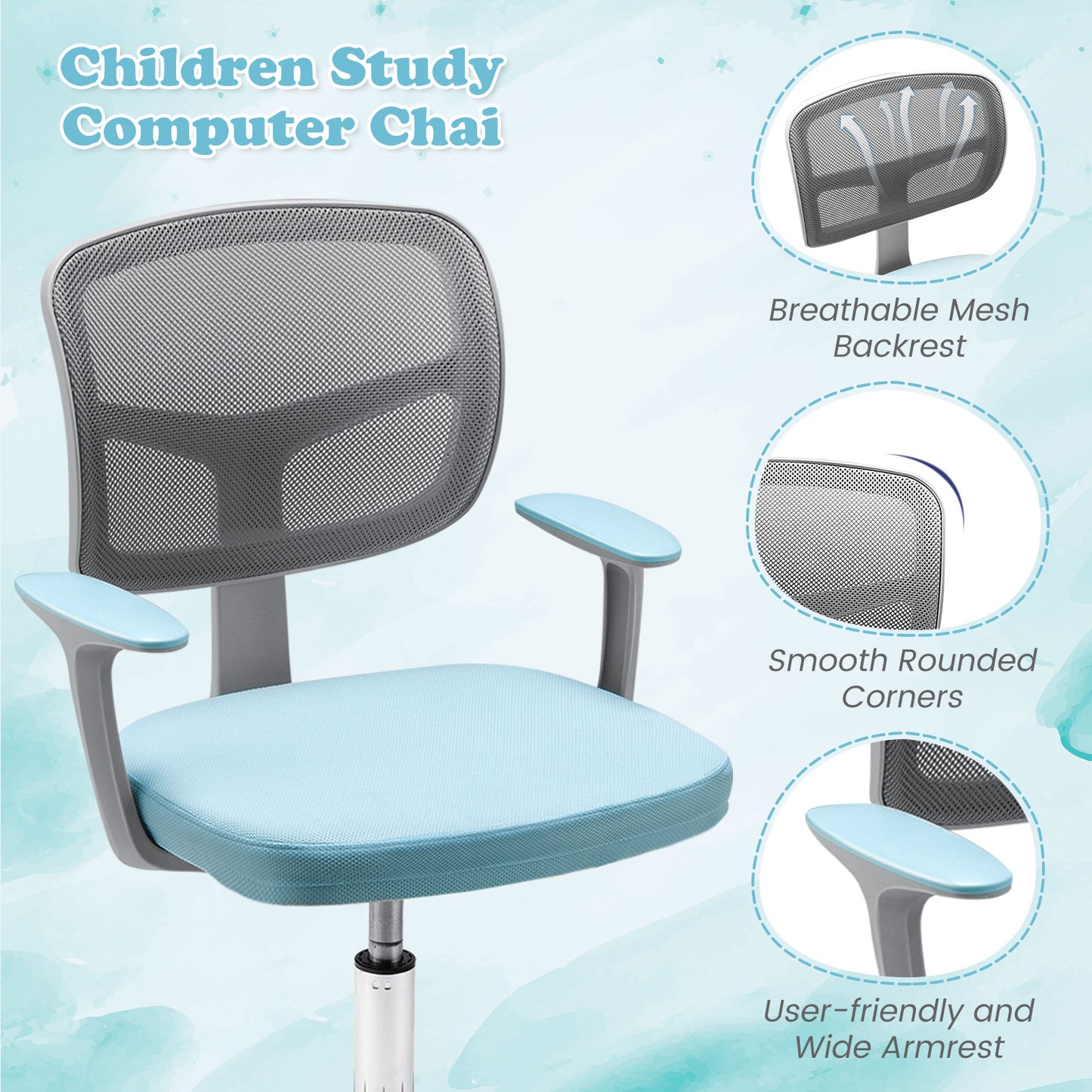 Adjustable Desk Chair with Auto Brake Casters for Kids-Blue Kids Crystal