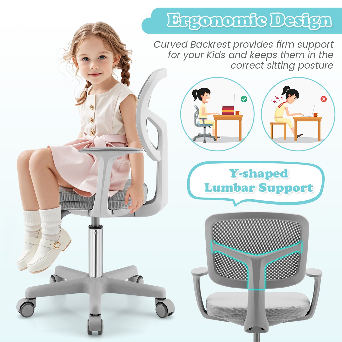 Adjustable Desk Chair with 5 Rolling Casters for Kids-Gray Kids Crystal