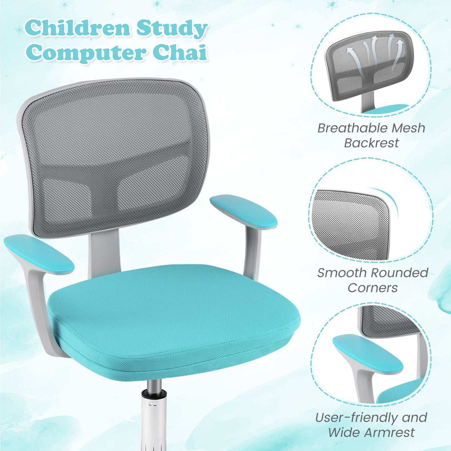 Adjustable Desk Chair with Auto Brake Casters for Kids-Turquoise Kids Crystal