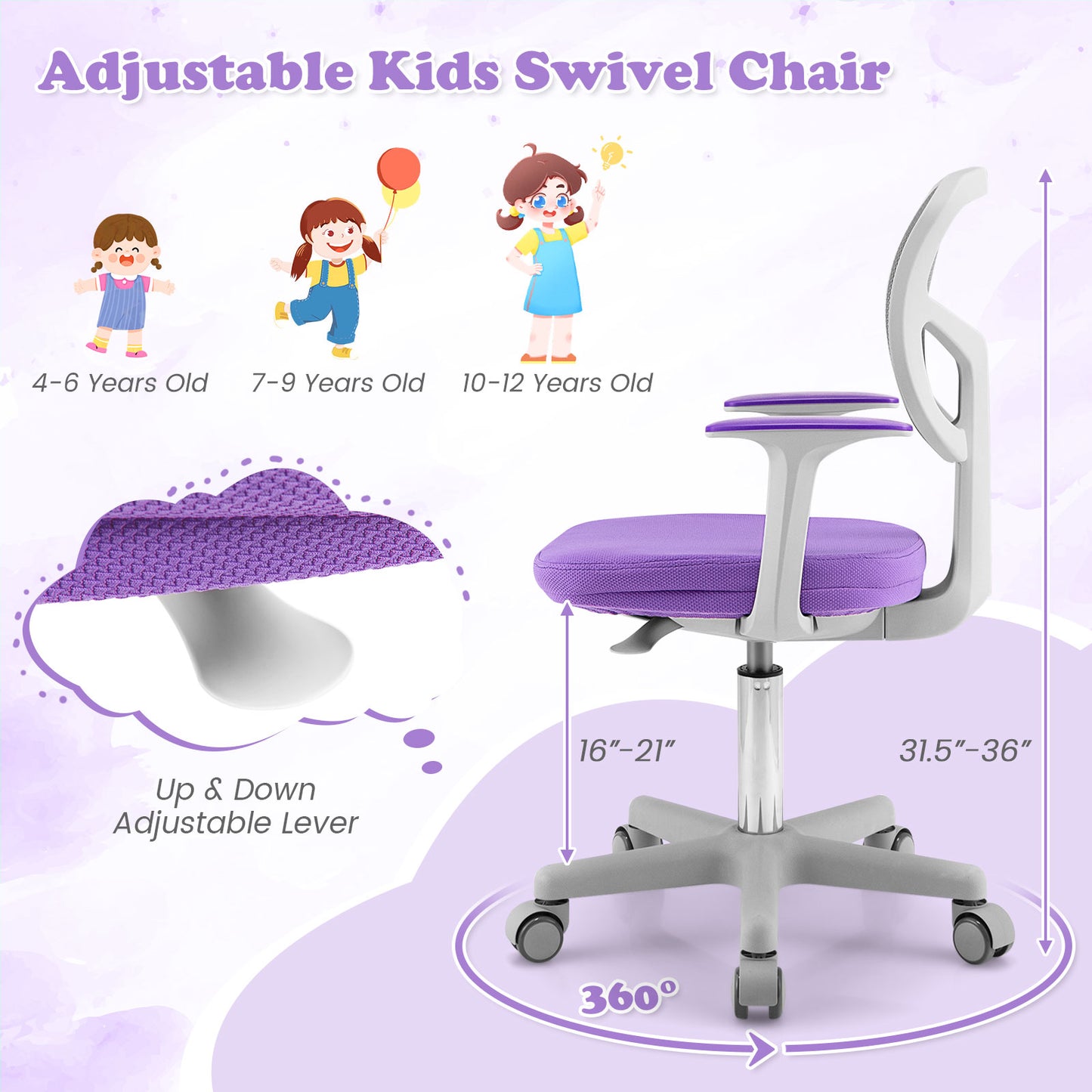 Adjustable Desk Chair with Auto Brake Casters for Kids-Purple Kids Crystal