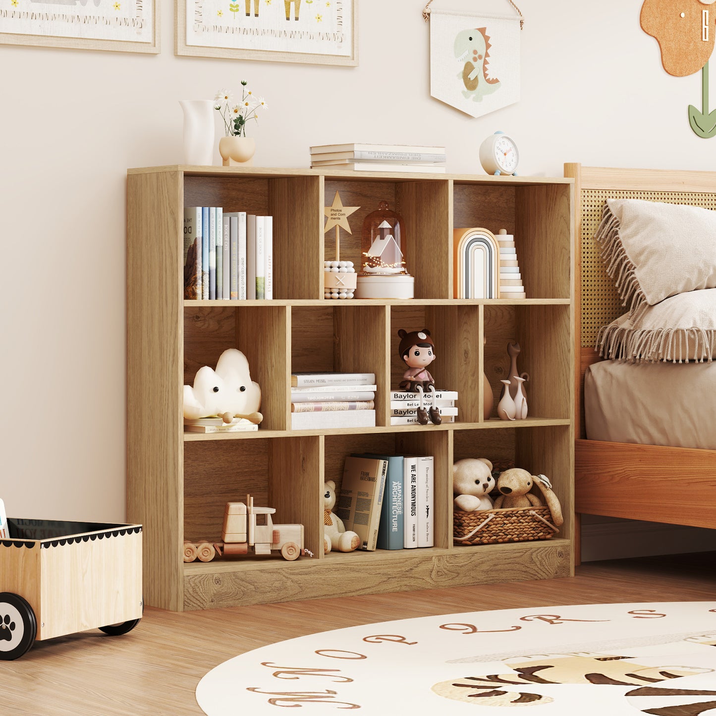 41 inches Wooden Toy Storage Organizer with 10 Cubes for Kids-Natural Kids Crystal