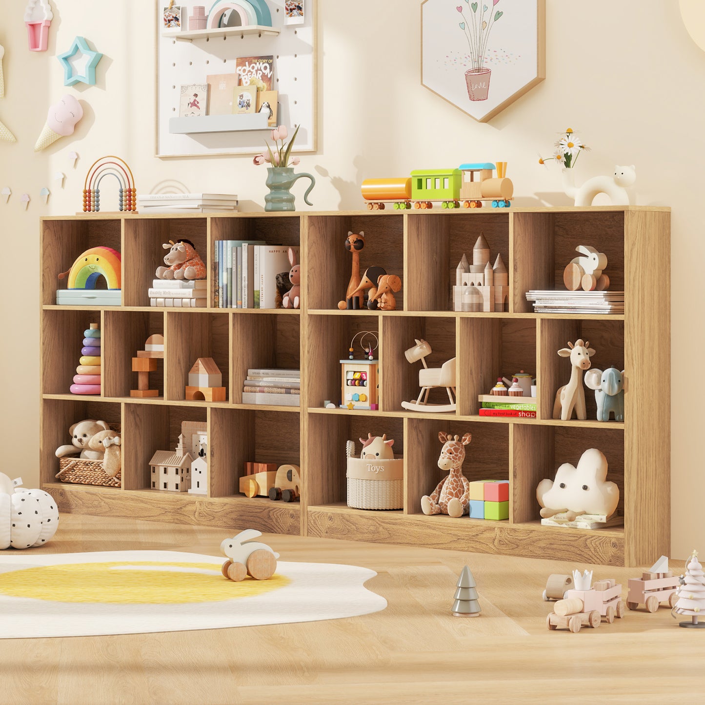 41 inches Wooden Toy Storage Organizer with 10 Cubes for Kids-Natural Kids Crystal