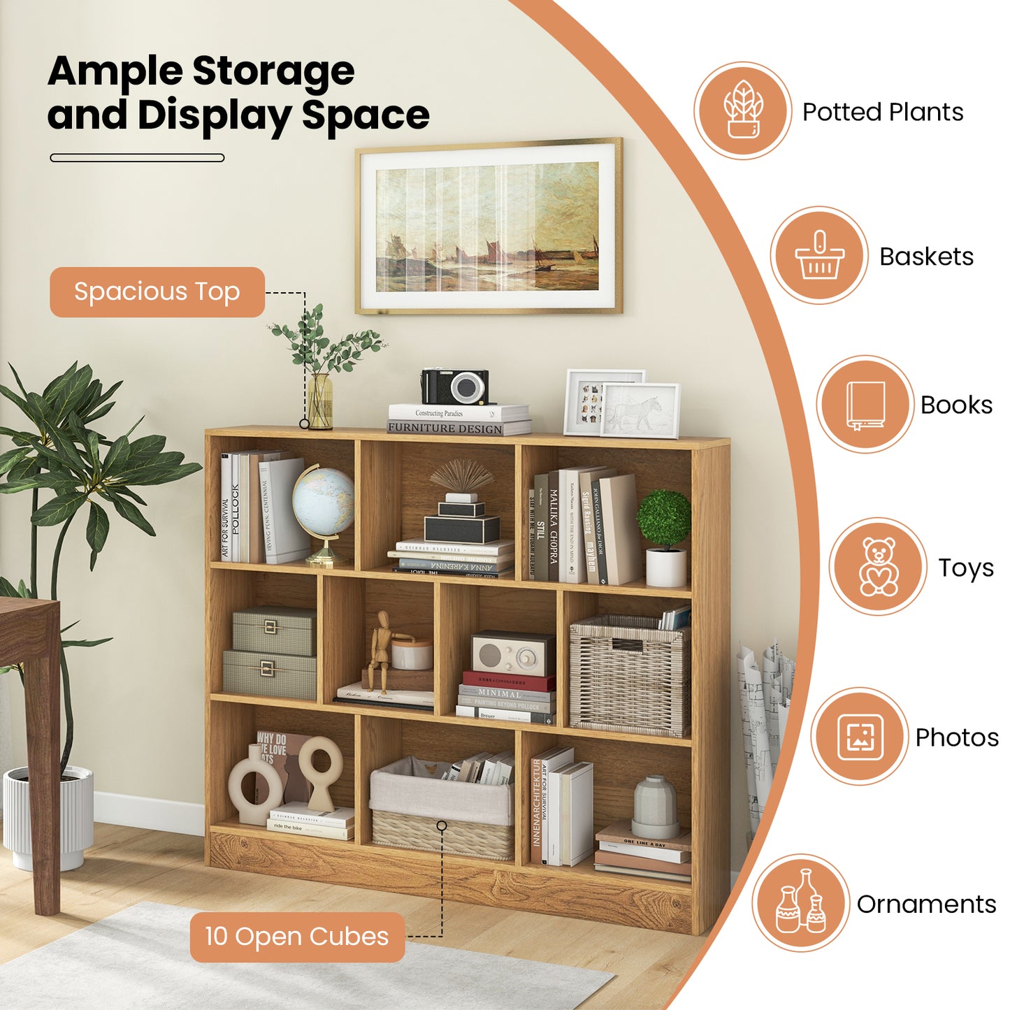 41 inches Wooden Toy Storage Organizer with 10 Cubes for Kids-Natural Kids Crystal
