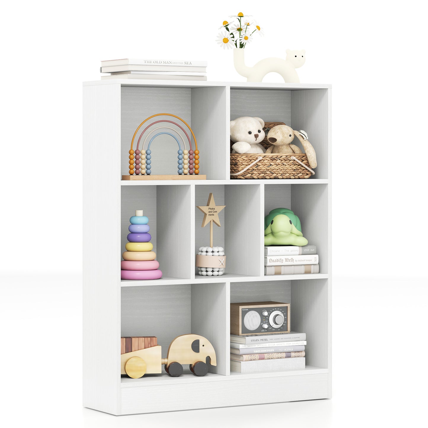 7-Section Freestanding Bookshelf for Kids Room Classroom Daycare Nursery-White Kids Crystal
