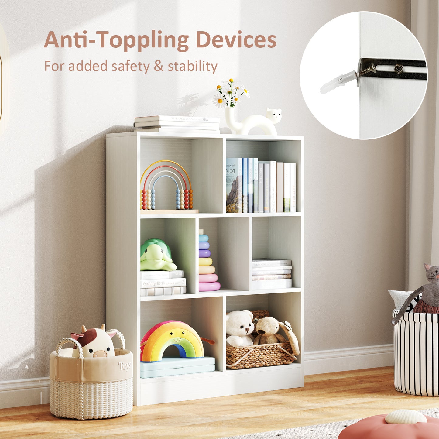 7-Section Freestanding Bookshelf for Kids Room Classroom Daycare Nursery-White Kids Crystal
