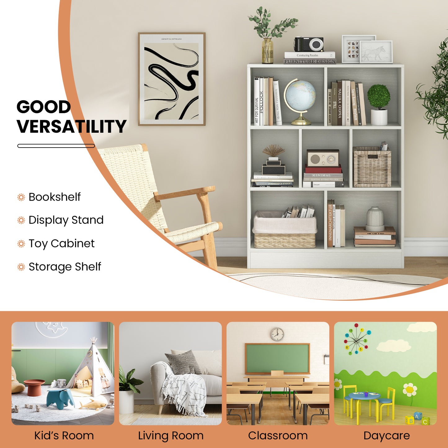 7-Section Freestanding Bookshelf for Kids Room Classroom Daycare Nursery-White Kids Crystal