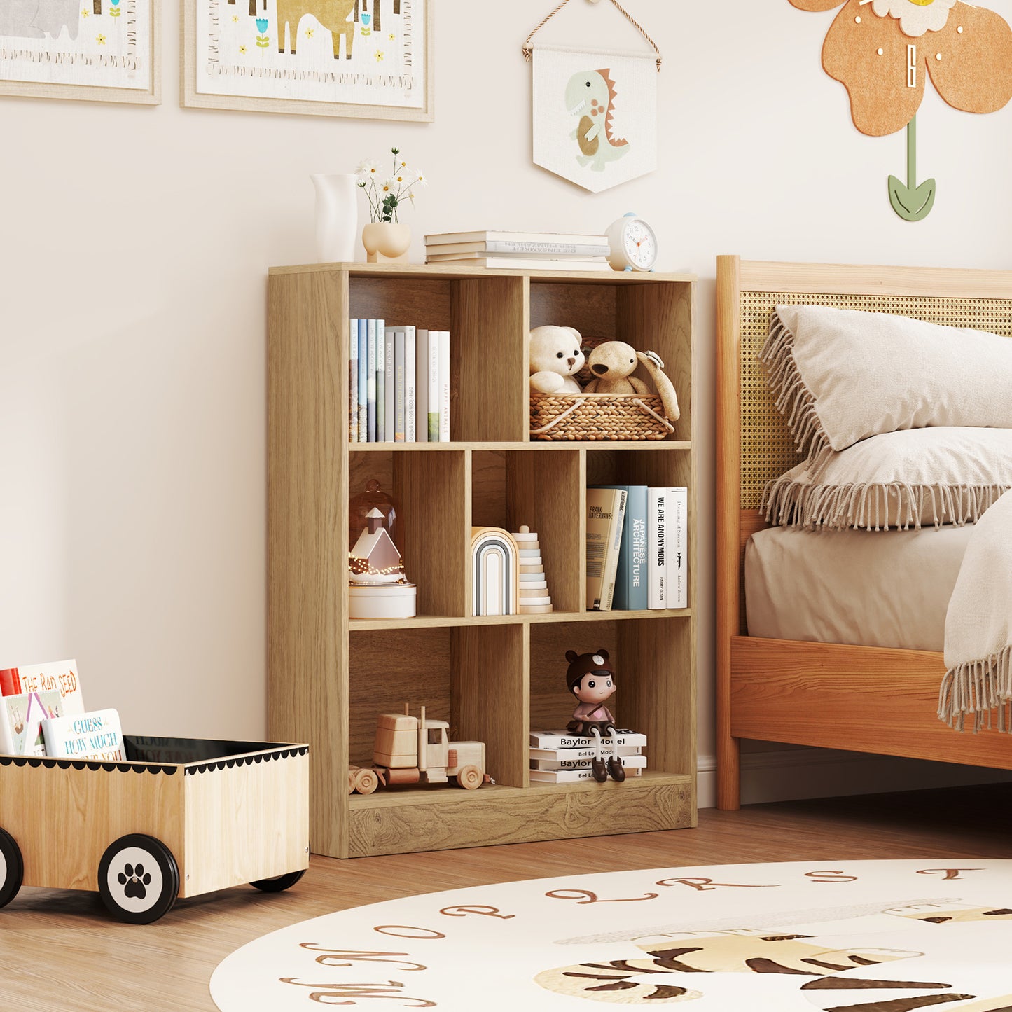 7-Section Freestanding Bookshelf for Kids Room Classroom Daycare Nursery-Natural Kids Crystal