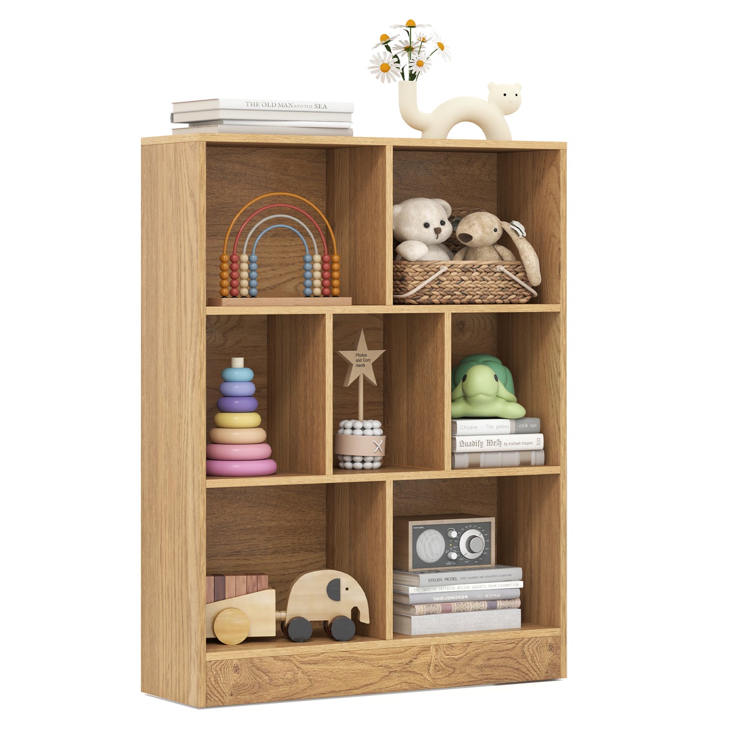 7-Section Freestanding Bookshelf for Kids Room Classroom Daycare Nursery-Natural Kids Crystal