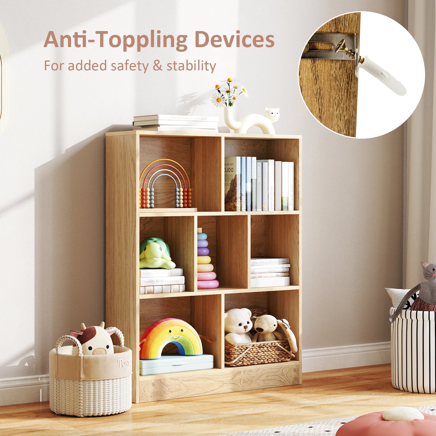 7-Section Freestanding Bookshelf for Kids Room Classroom Daycare Nursery-Natural Kids Crystal