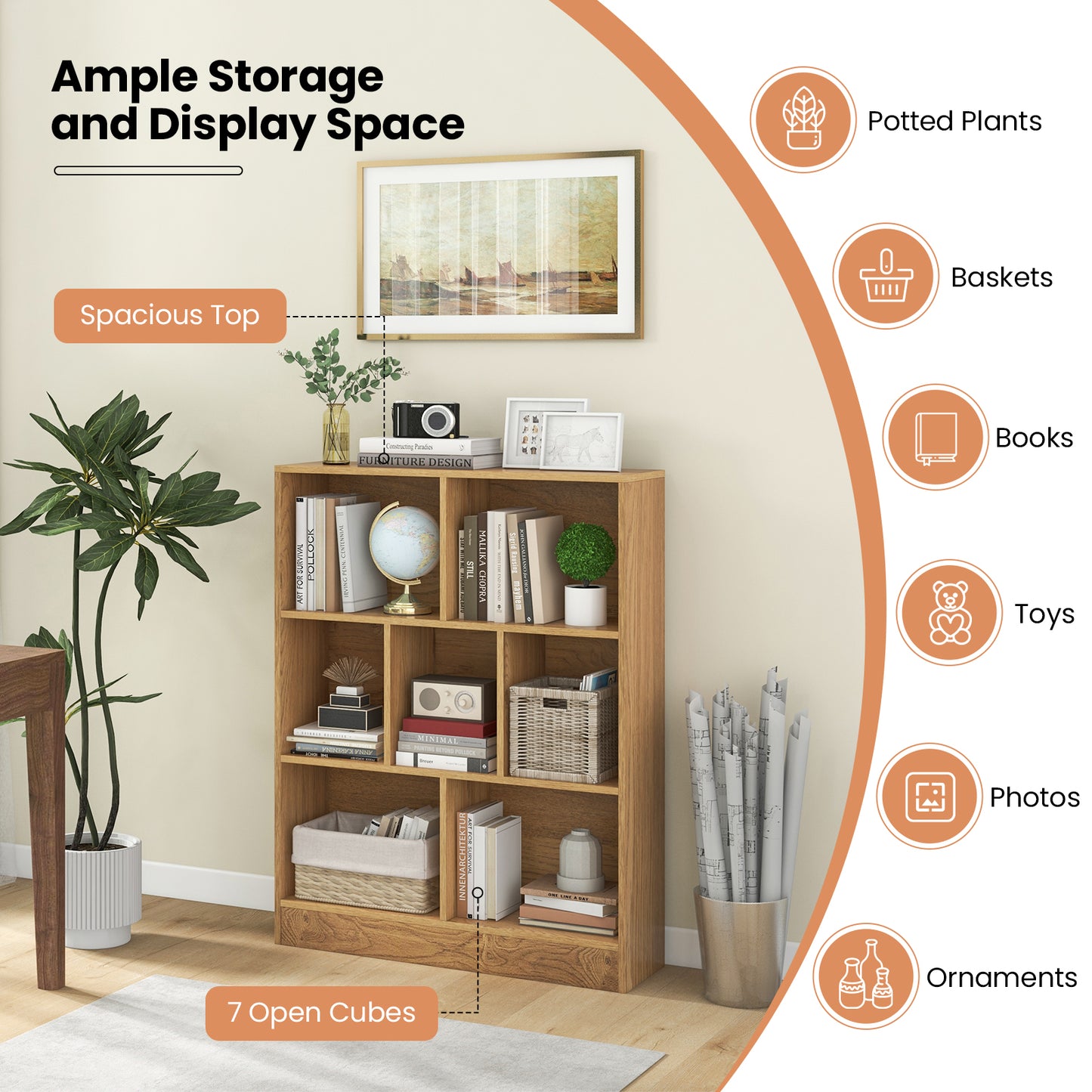 7-Section Freestanding Bookshelf for Kids Room Classroom Daycare Nursery-Natural Kids Crystal