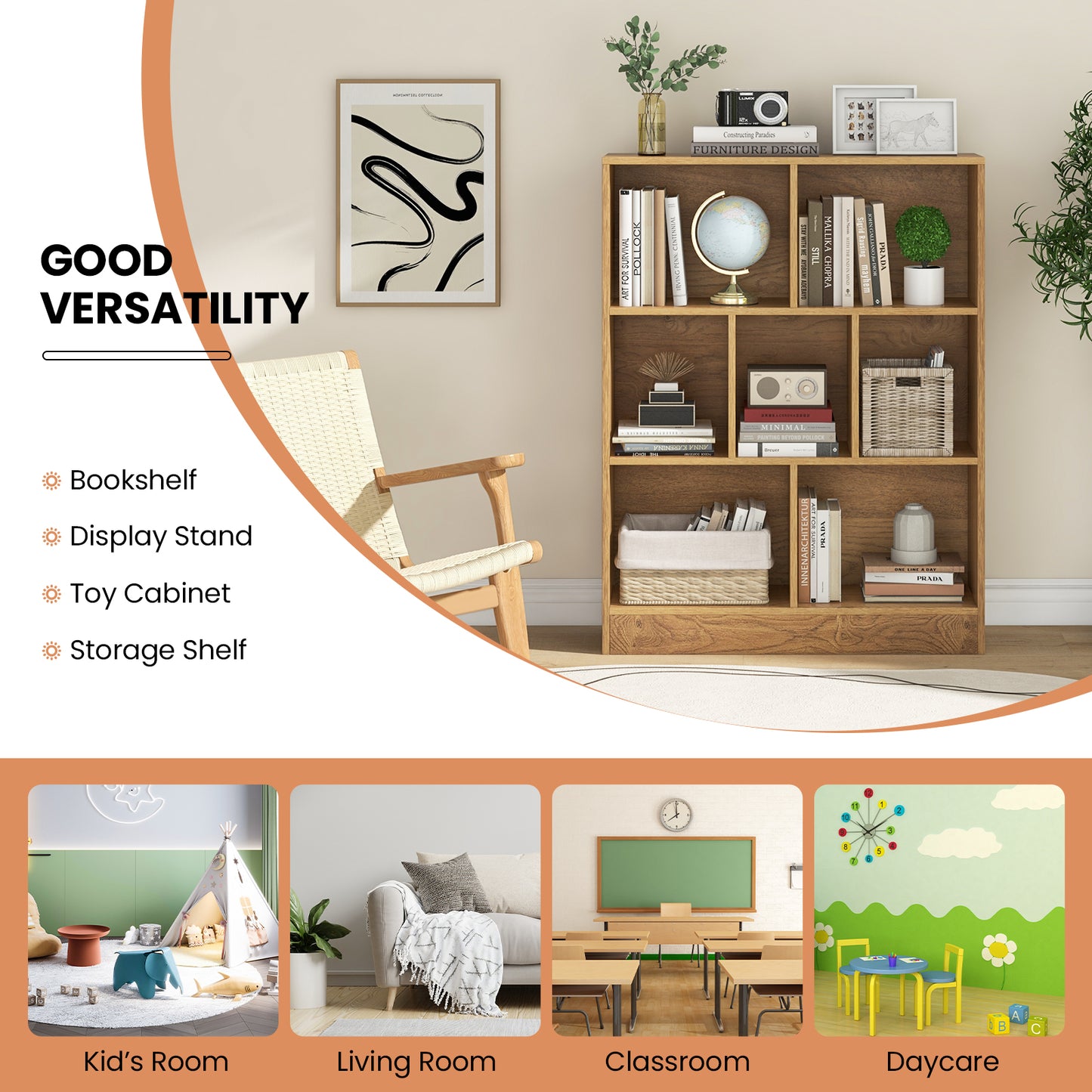 7-Section Freestanding Bookshelf for Kids Room Classroom Daycare Nursery-Natural Kids Crystal