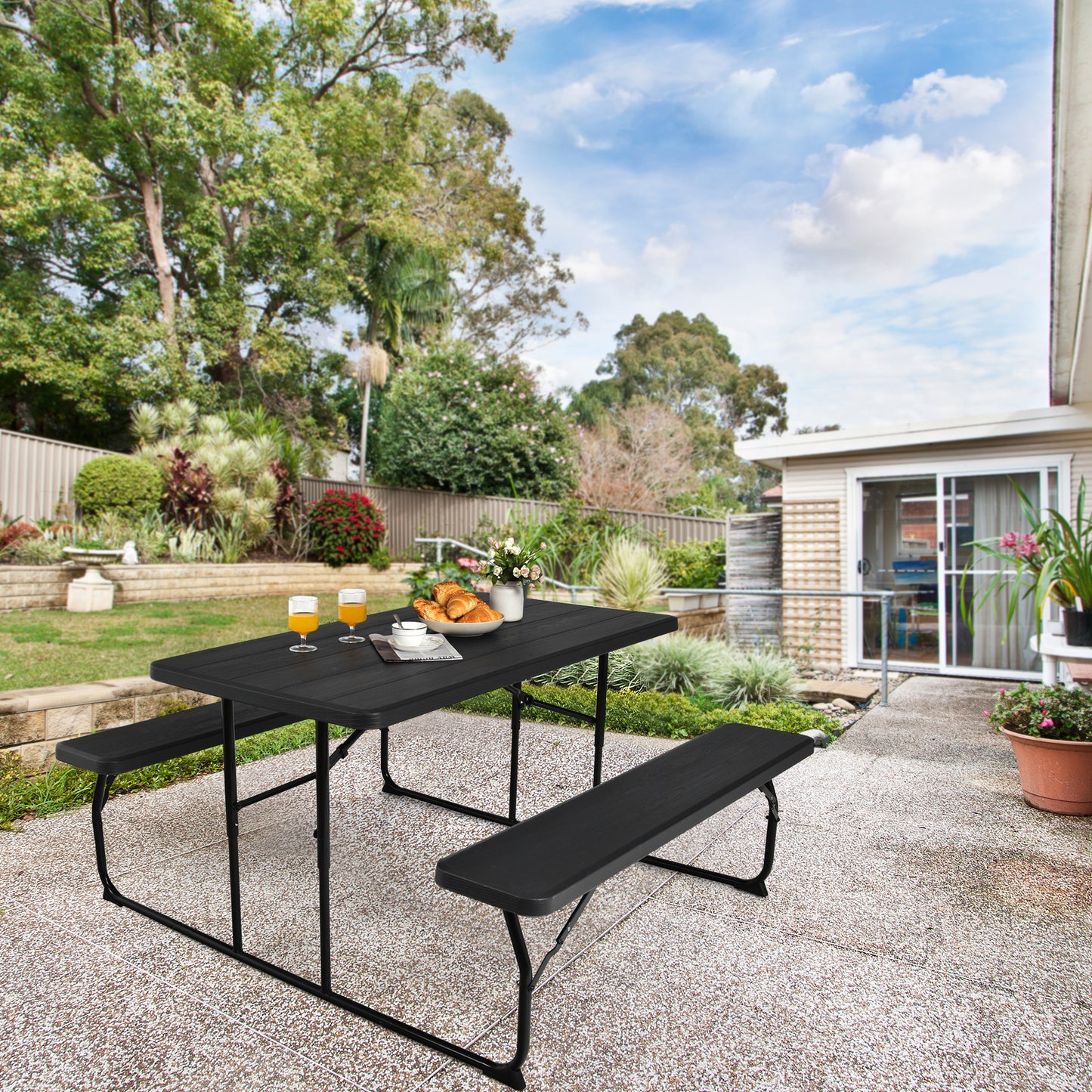 Indoor and Outdoor Folding Picnic Table Bench Set with Wood-like Texture-Black Kids Crystal