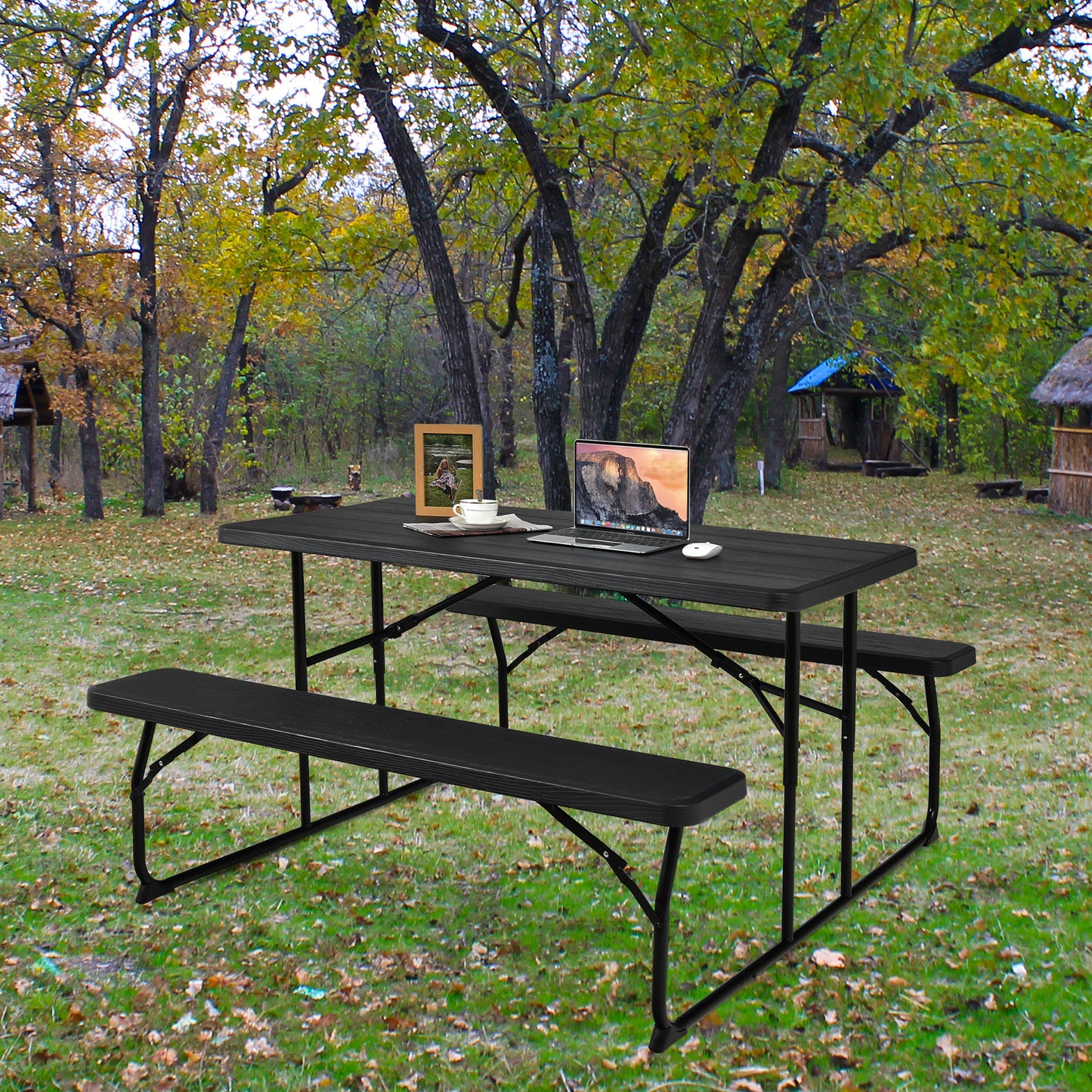 Indoor and Outdoor Folding Picnic Table Bench Set with Wood-like Texture-Black Kids Crystal