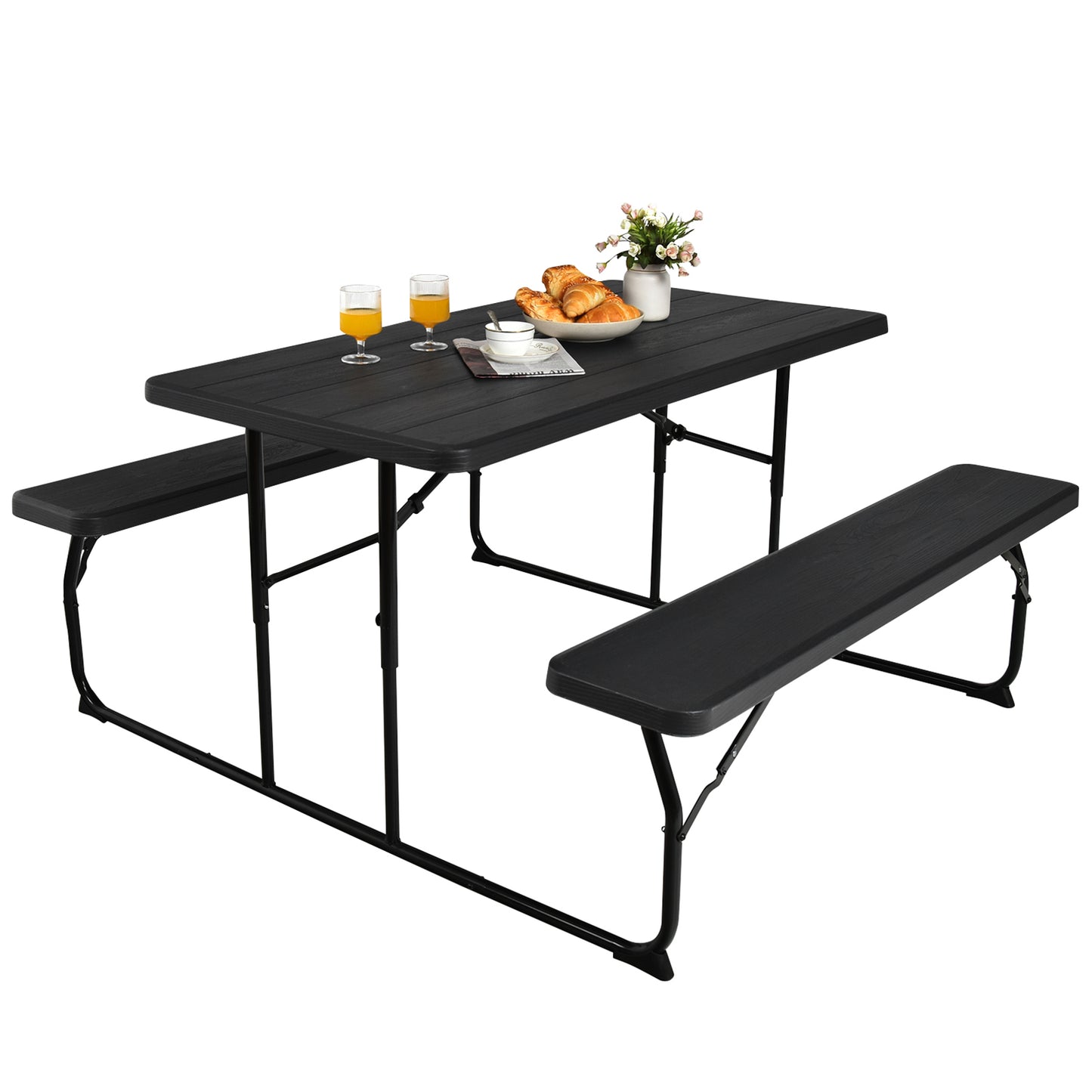 Indoor and Outdoor Folding Picnic Table Bench Set with Wood-like Texture-Black Kids Crystal