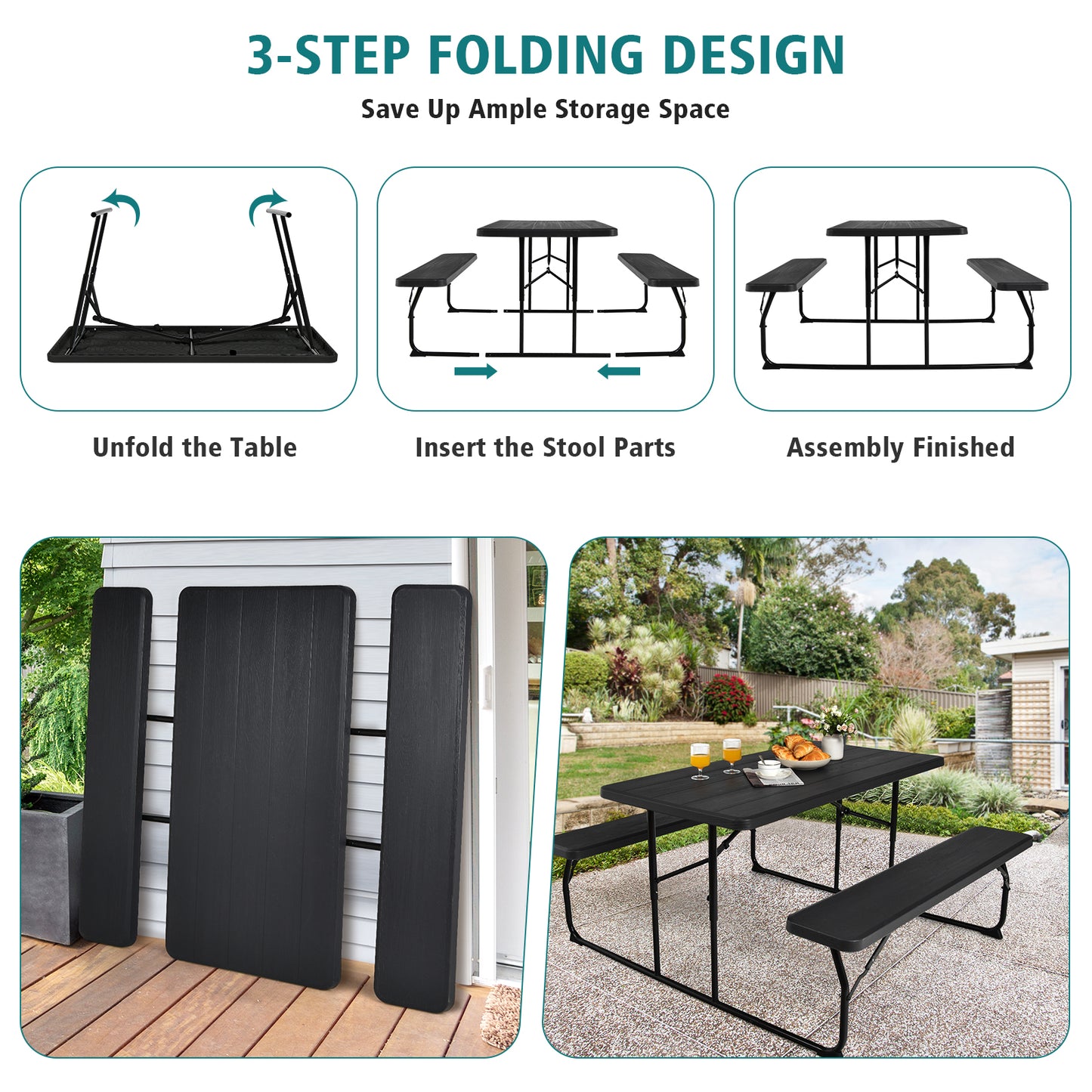 Indoor and Outdoor Folding Picnic Table Bench Set with Wood-like Texture-Black Kids Crystal