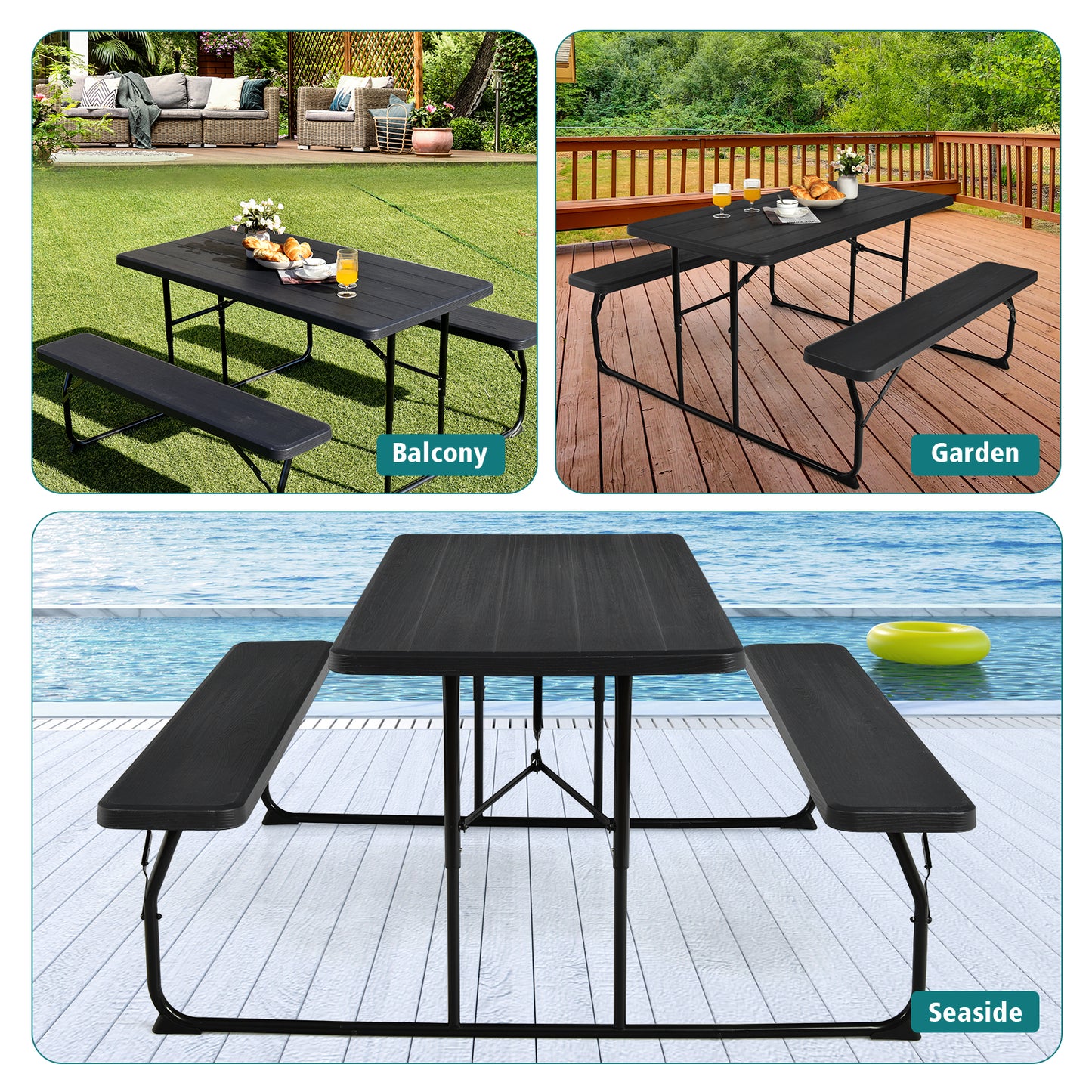 Indoor and Outdoor Folding Picnic Table Bench Set with Wood-like Texture-Black Kids Crystal