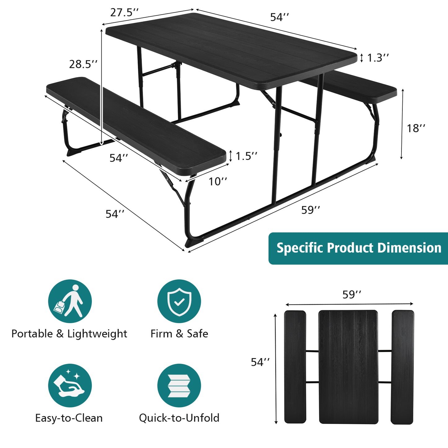 Indoor and Outdoor Folding Picnic Table Bench Set with Wood-like Texture-Black Kids Crystal
