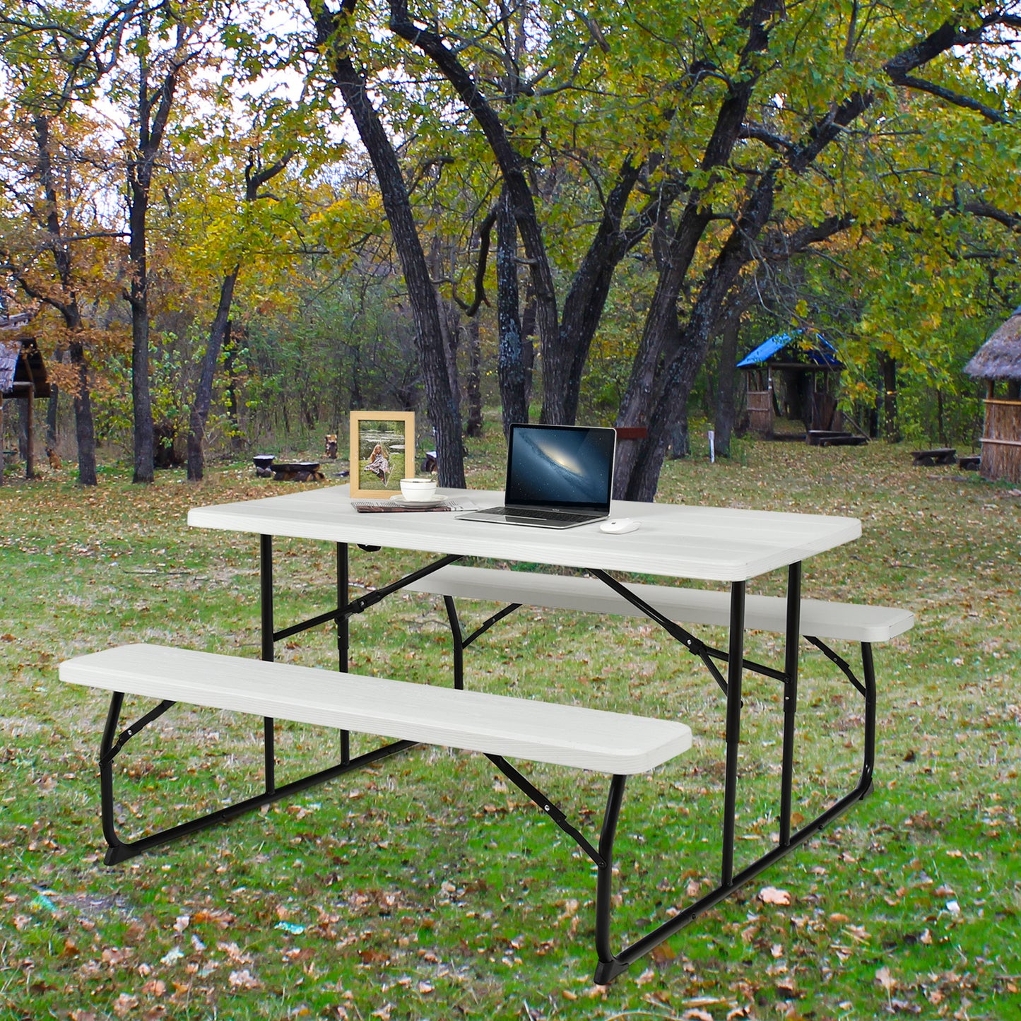 Indoor and Outdoor Folding Picnic Table Bench Set with Wood-like Texture-White Kids Crystal